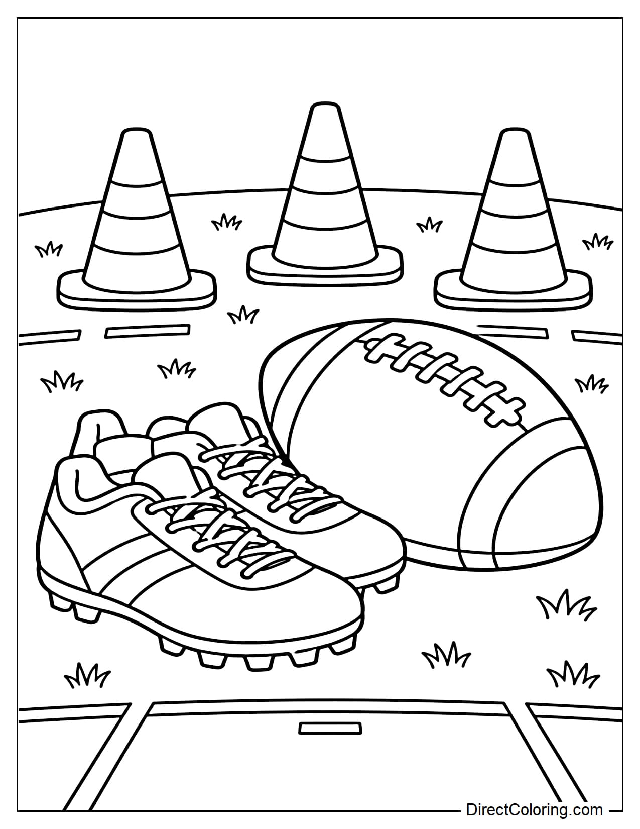 A pair of football cleats rests beside a large football, with three training cones arranged on the field behind them.