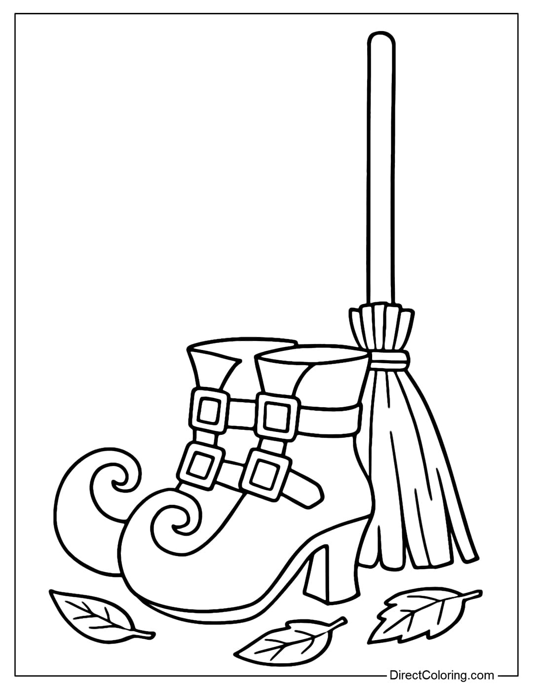 Coloring page of a pair of witch shoes with a characteristic curved toe, placed next to a few dry leaves and a broomstick standing behind.
