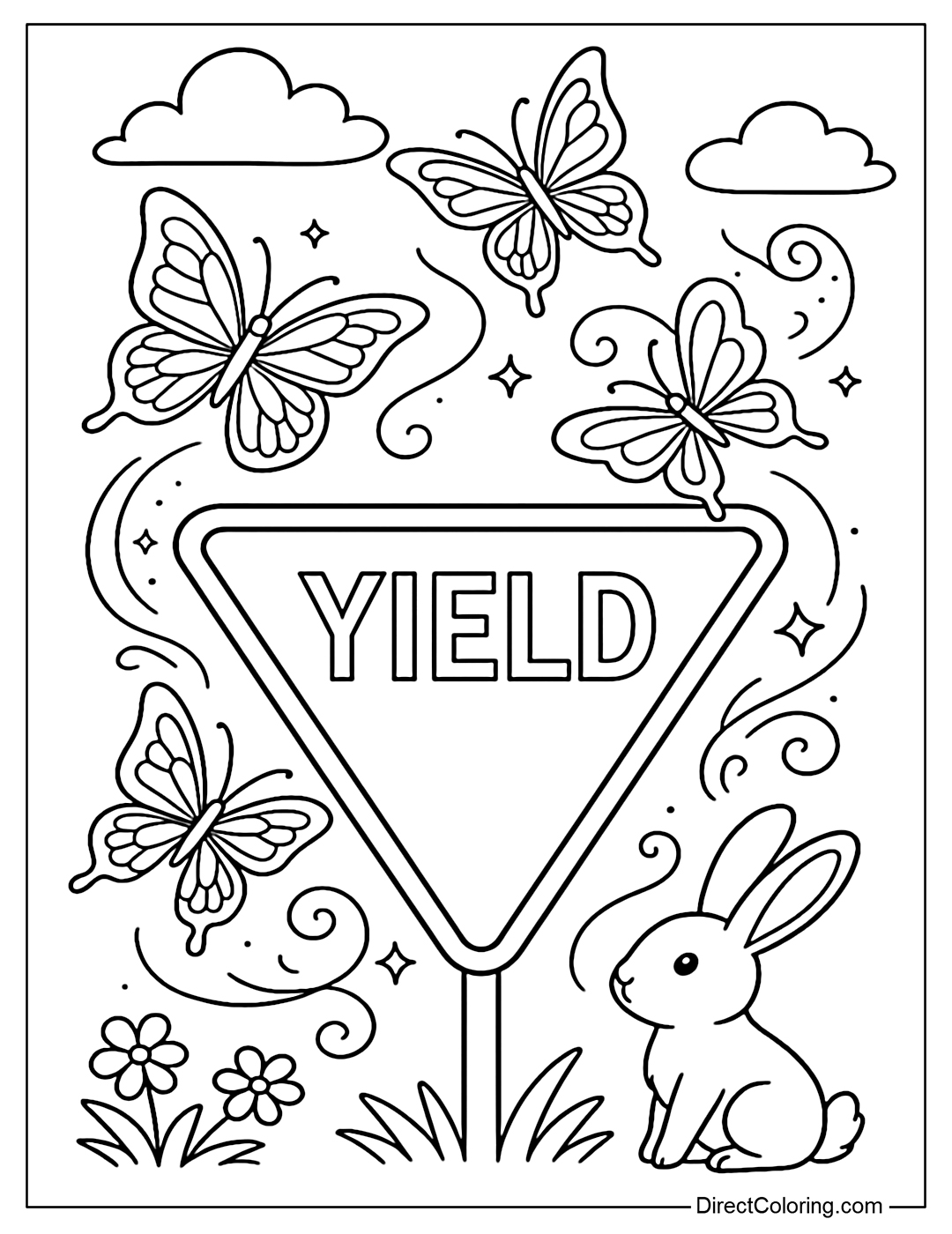 Yield Sign with Butterfly Swirl Coloring Page, magical butterfly swirling around.