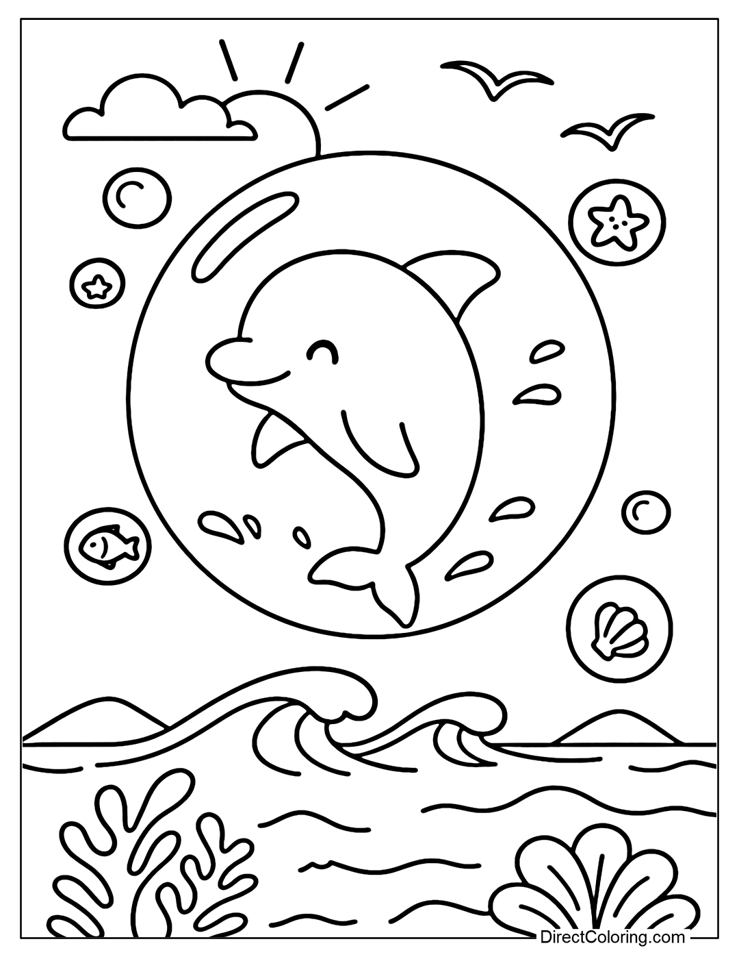 A large soap bubble coloring page containing a baby dolphin jumping happily. Outside the bubble is a scene of soft, big waves on the sea, seagulls flying in the sky.