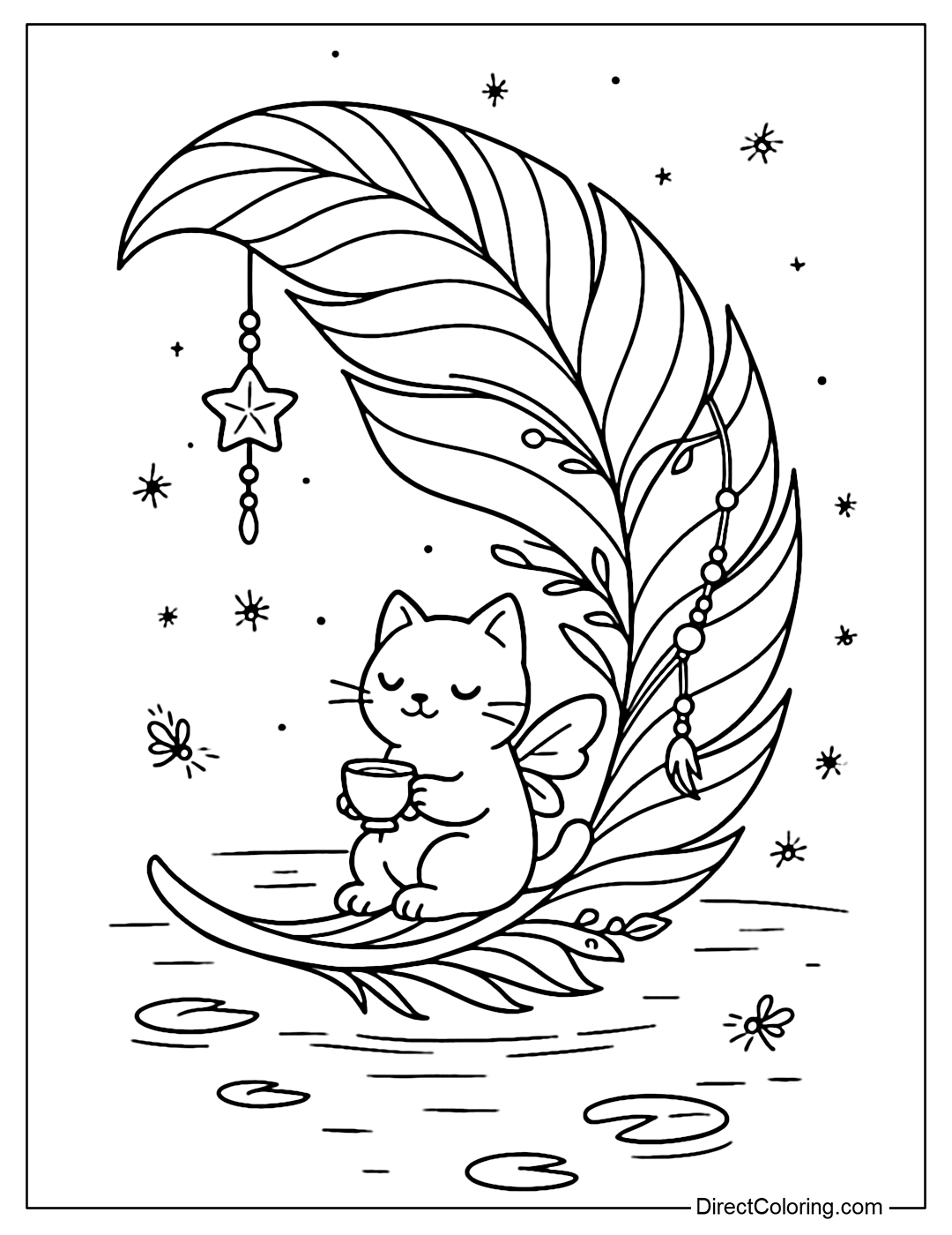 The feather coloring page is horizontal, gently curved like a dugout canoe floating on the water. The thick, curved spine of the feather forms the bottom of the boat, the feathers extend upward like light oars. There is a kitten sitting relaxing, holding a cup of tea.