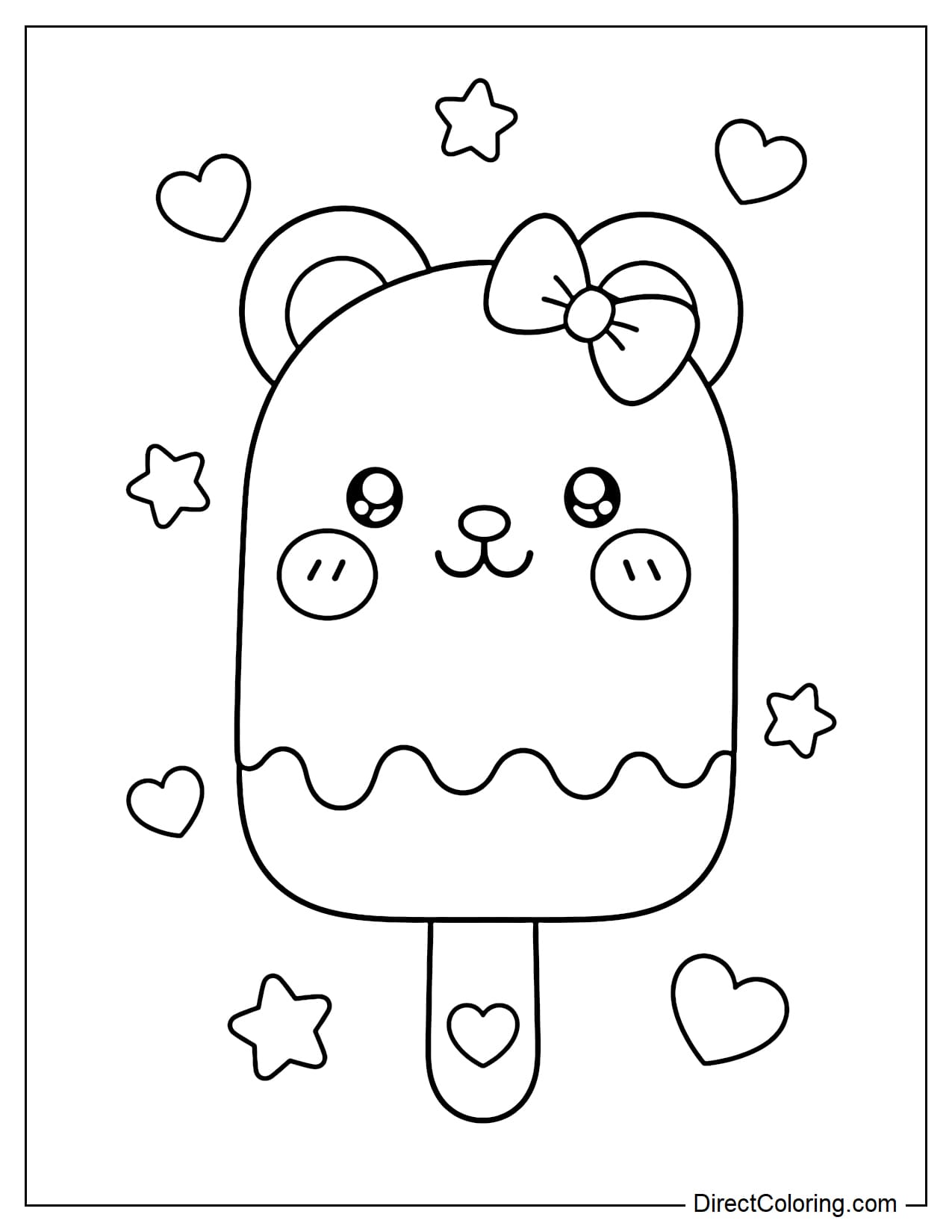 An adorable bear-shaped popsicle with big round ears, chubby cheeks, and a small bow on its head, surrounded by stars and hearts.