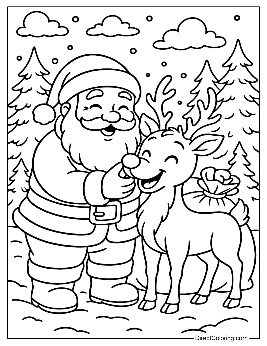 Coloring page of Santa stroking Rudolph the reindeer, both laughing happily next to the large gift bag.