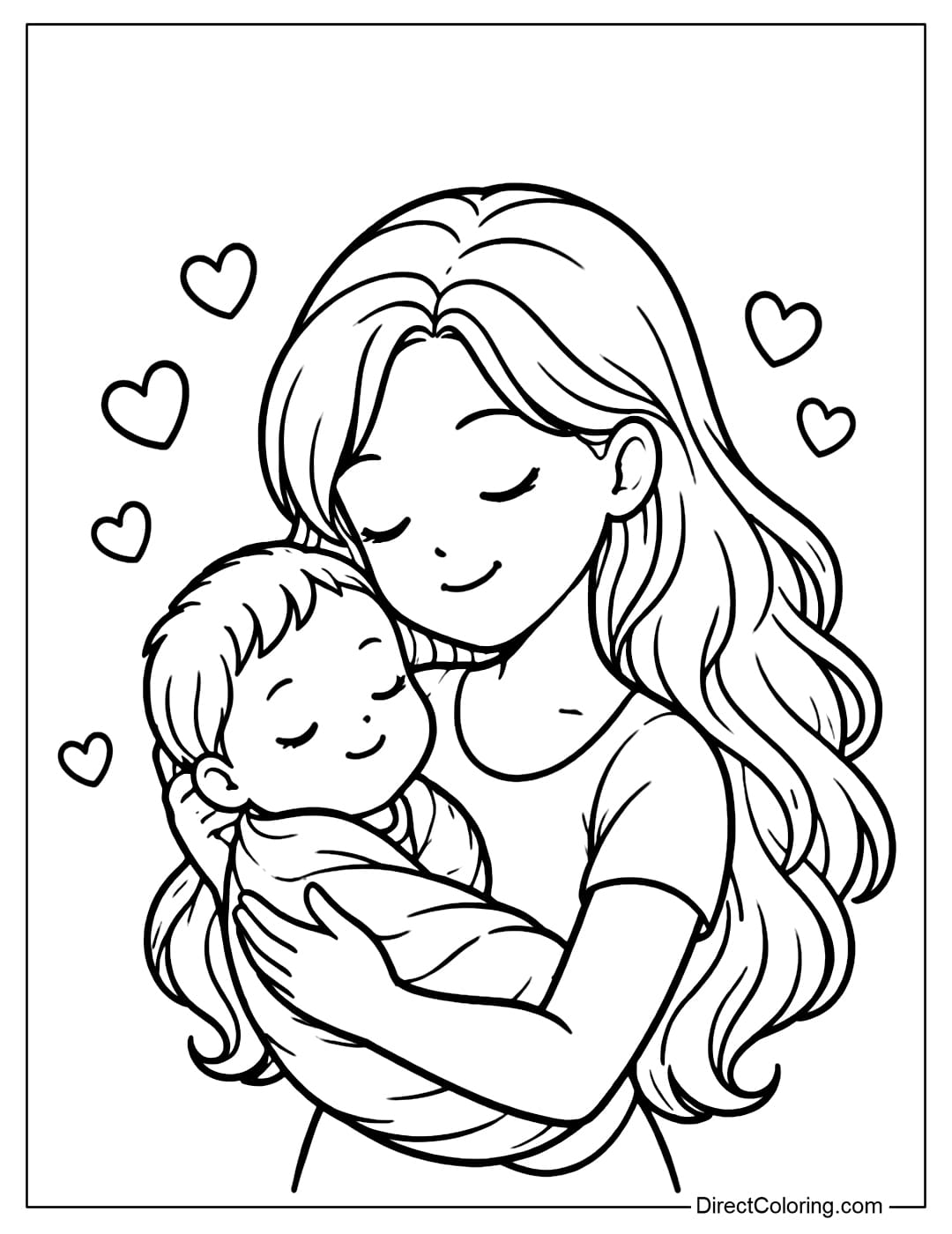 A coloring page of a mother holding her baby in her arms, with a gentle expression.