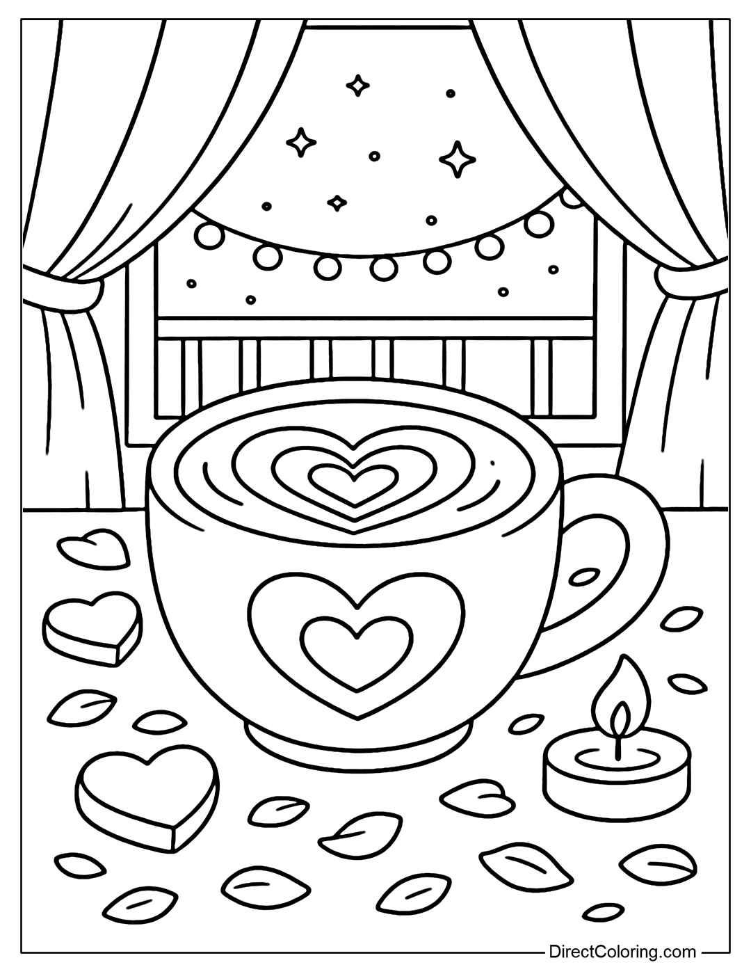 Coloring page of a heart-shaped hot drink cup, with double heart latte art on the surface, surrounded by heart-shaped chocolate and roses.