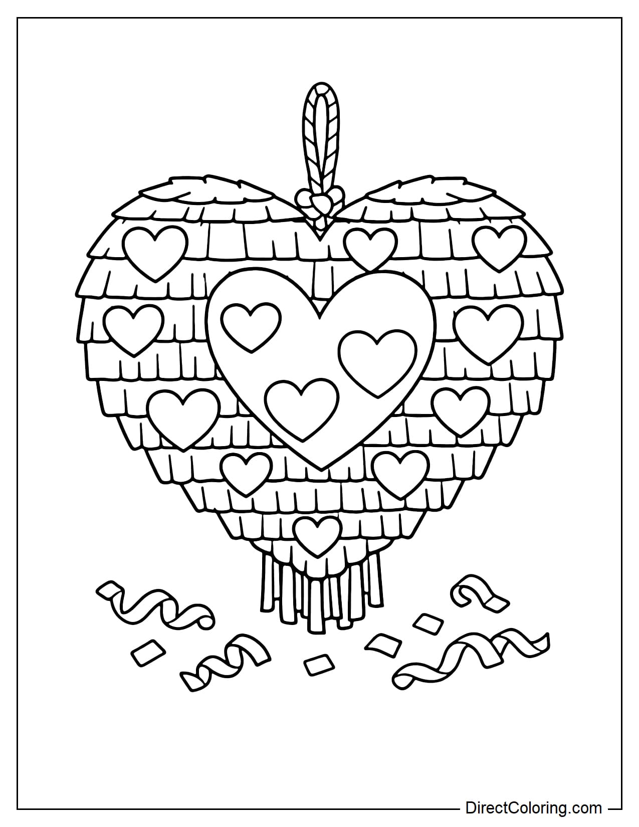 A romantic heart-shaped piñata, with layered pleated paper and many small hearts inside.