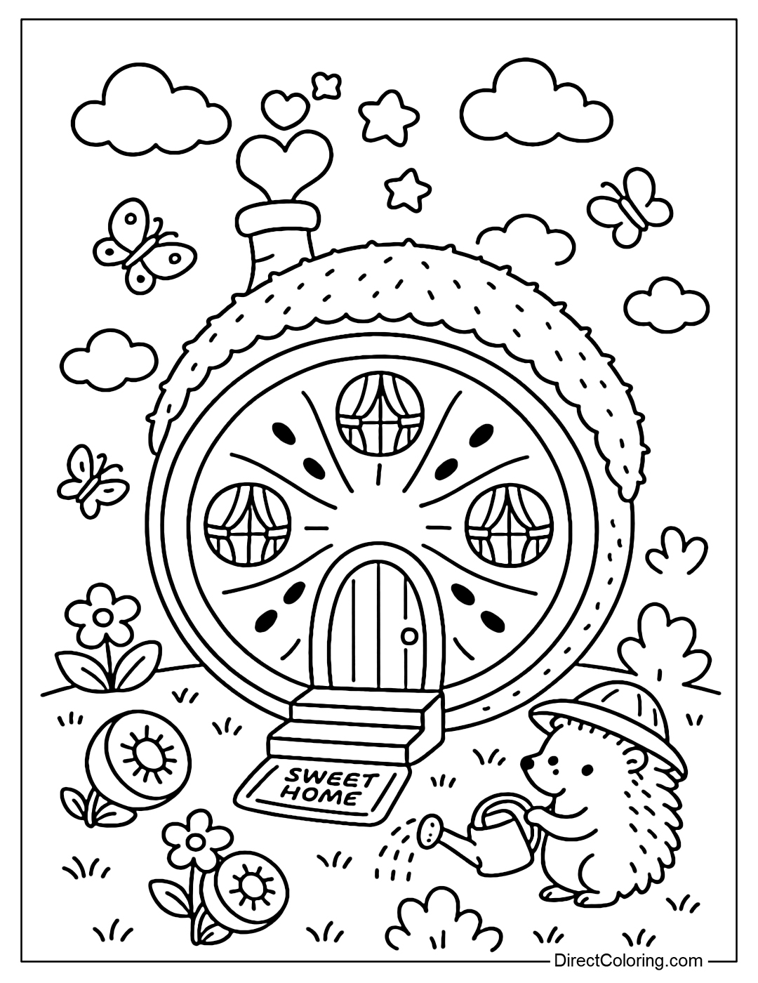 Round kiwi slice house coloring page, the windows are kiwi seeds, the roof is the characteristic rough shell.