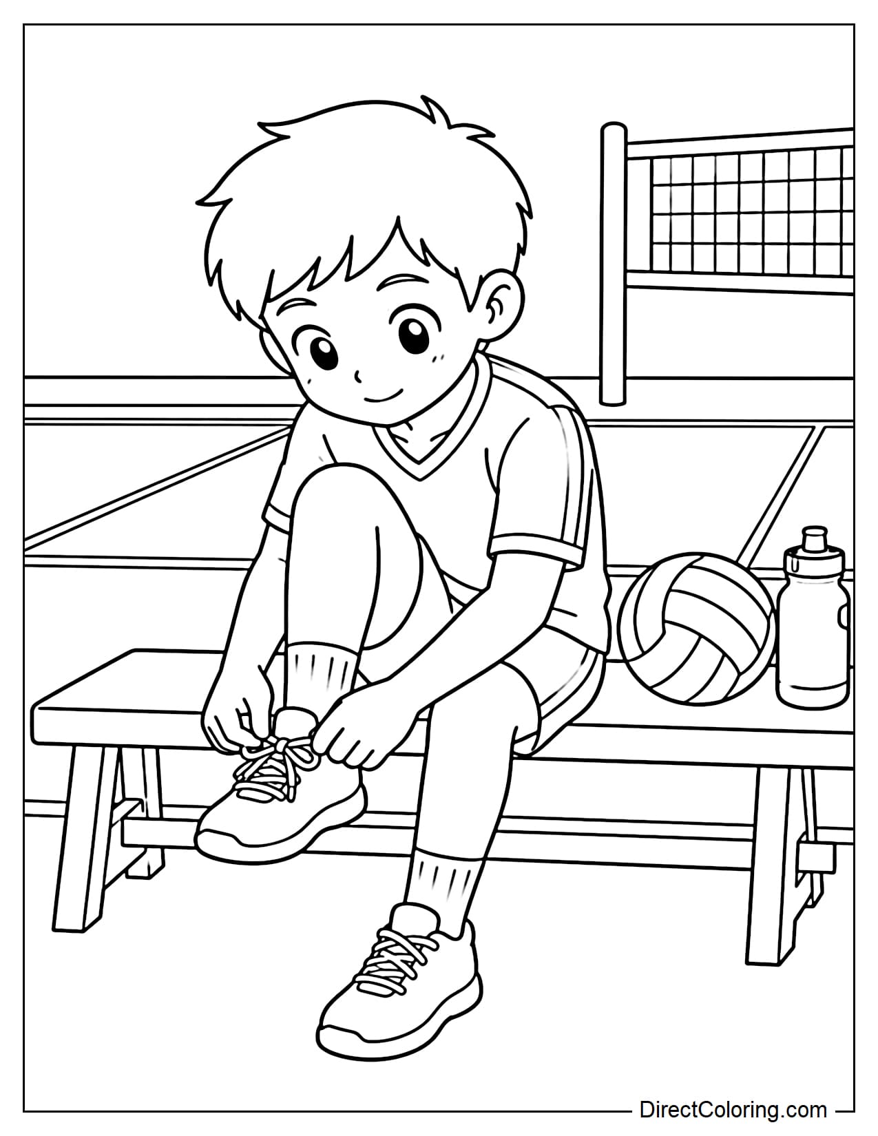 A young boy is sitting on a bench in the gym and tying his sneakers before volleyball practice, with a volleyball and a small water bottle beside him.