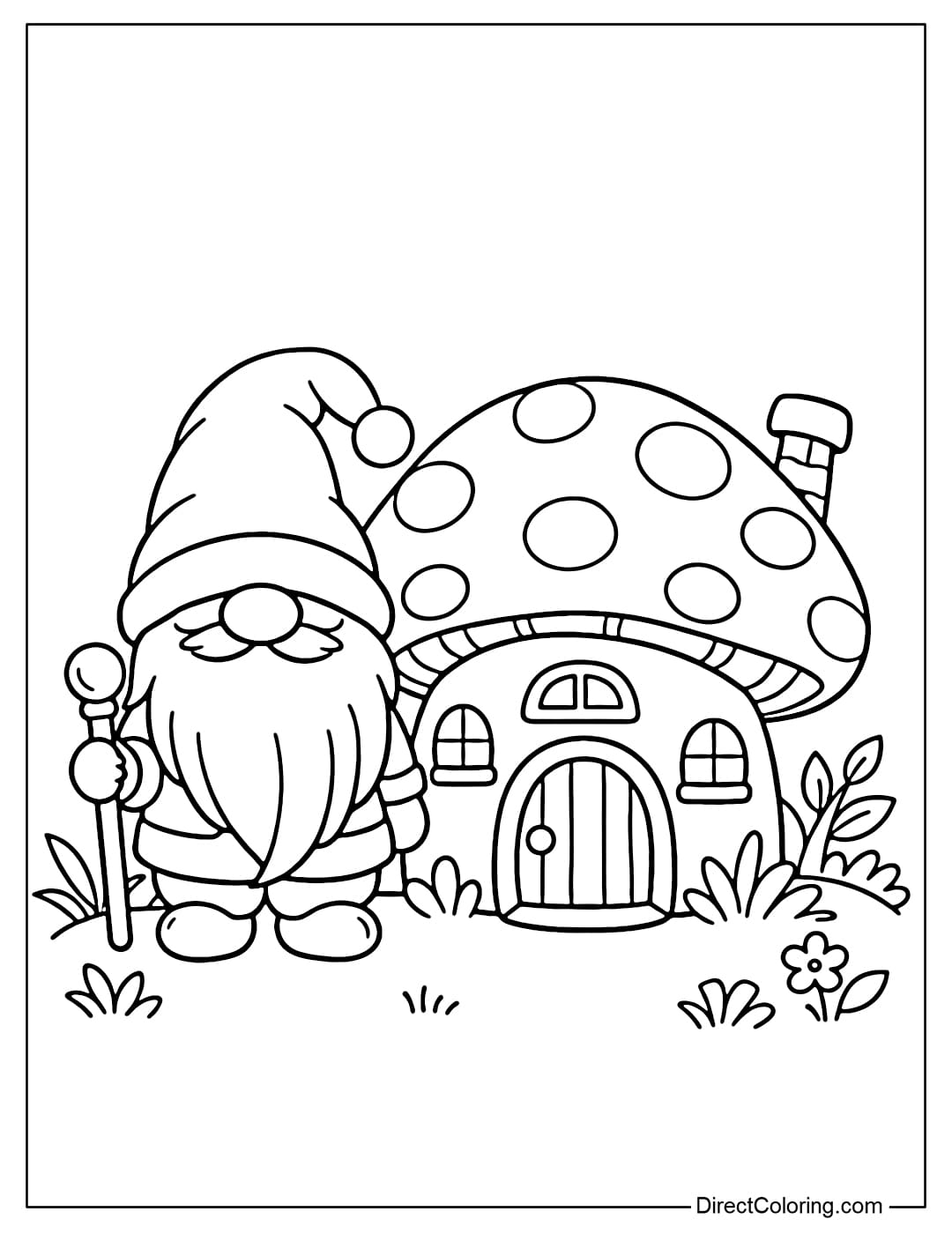 Coloring page of a gnome standing next to a small mushroom-shaped house.