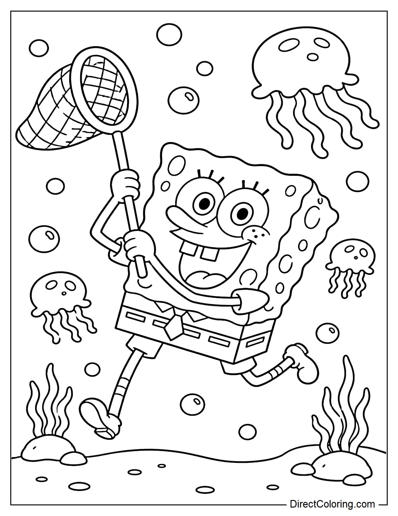 SpongeBob is holding a net to catch jellyfish with a happy smile, surrounded by bubbles and small jellyfish.