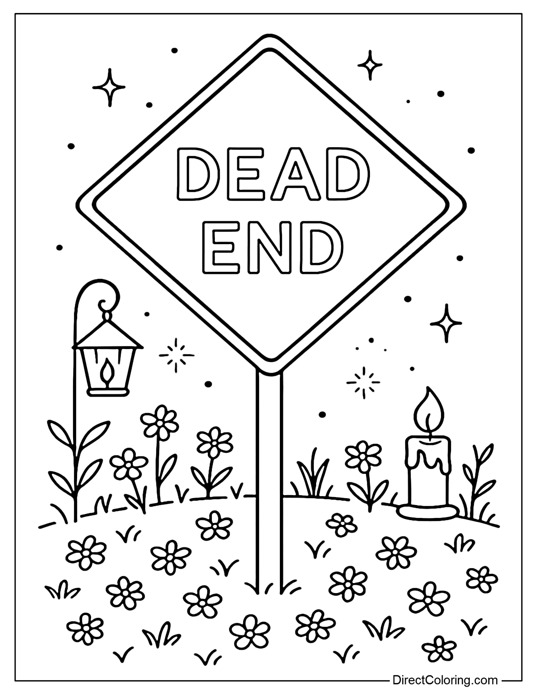 Dead-end sign coloring page, set in the middle of a meadow with small flowers, lanterns and shimmering candles.