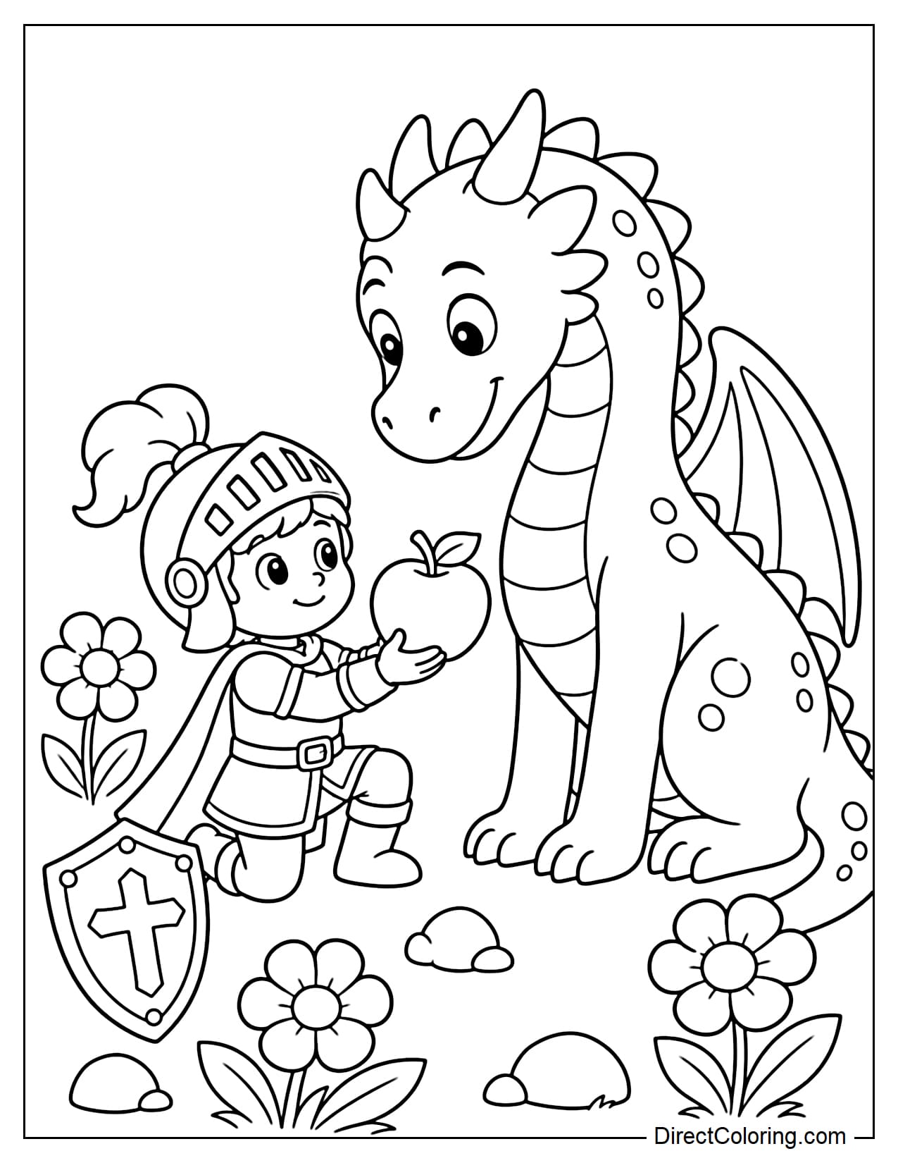 A small knight is kneeling on one knee and offering a big apple to a dragon standing across from him. Around them are a few flowers and rocks.