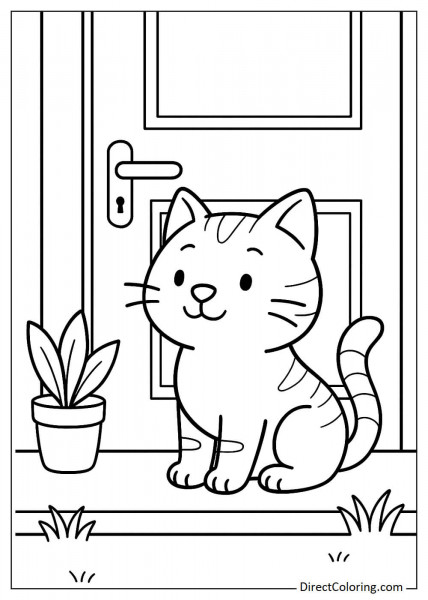 Cat sitting in front of the door coloring book