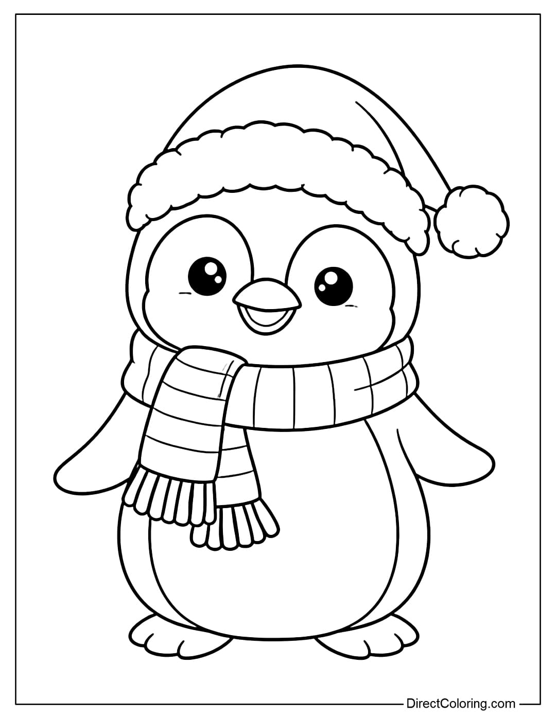 A coloring page of a penguin wearing a Christmas hat, with a cheerful expression.