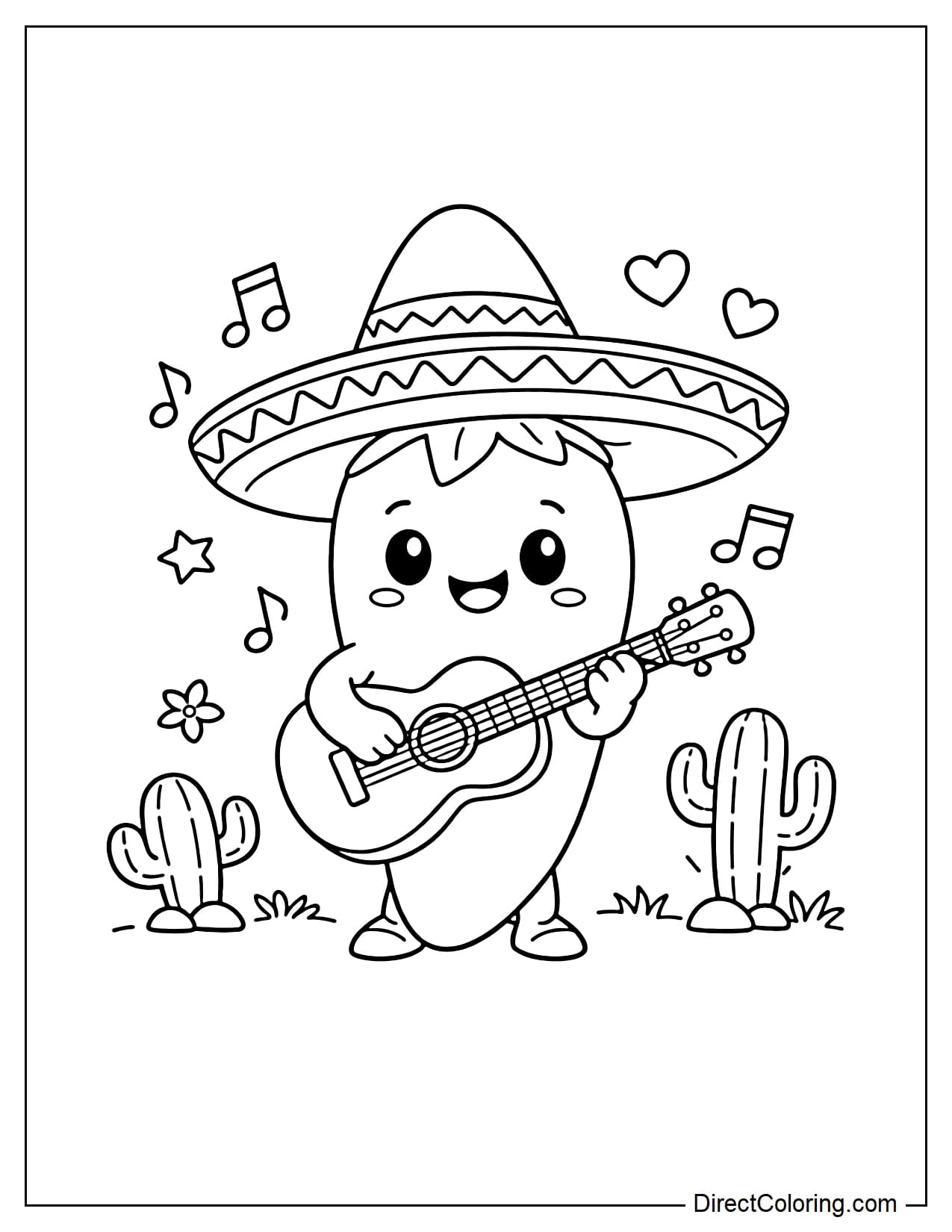A cute chili pepper wearing a sombrero and happily playing a guitar at the Cinco de Mayo festival.