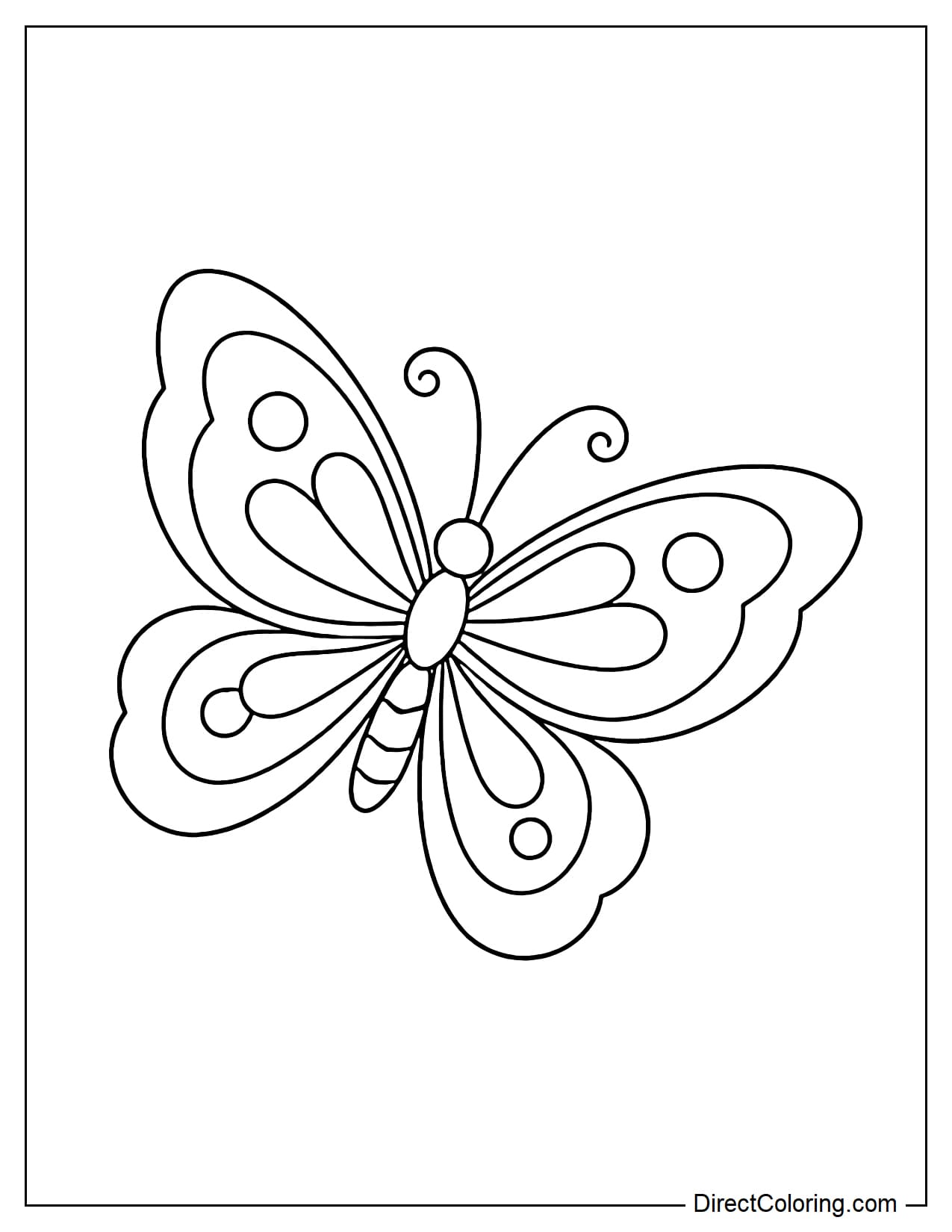 A butterfly flying past from an angled view, its wings drawn with symmetrical circular and teardrop patterns.
