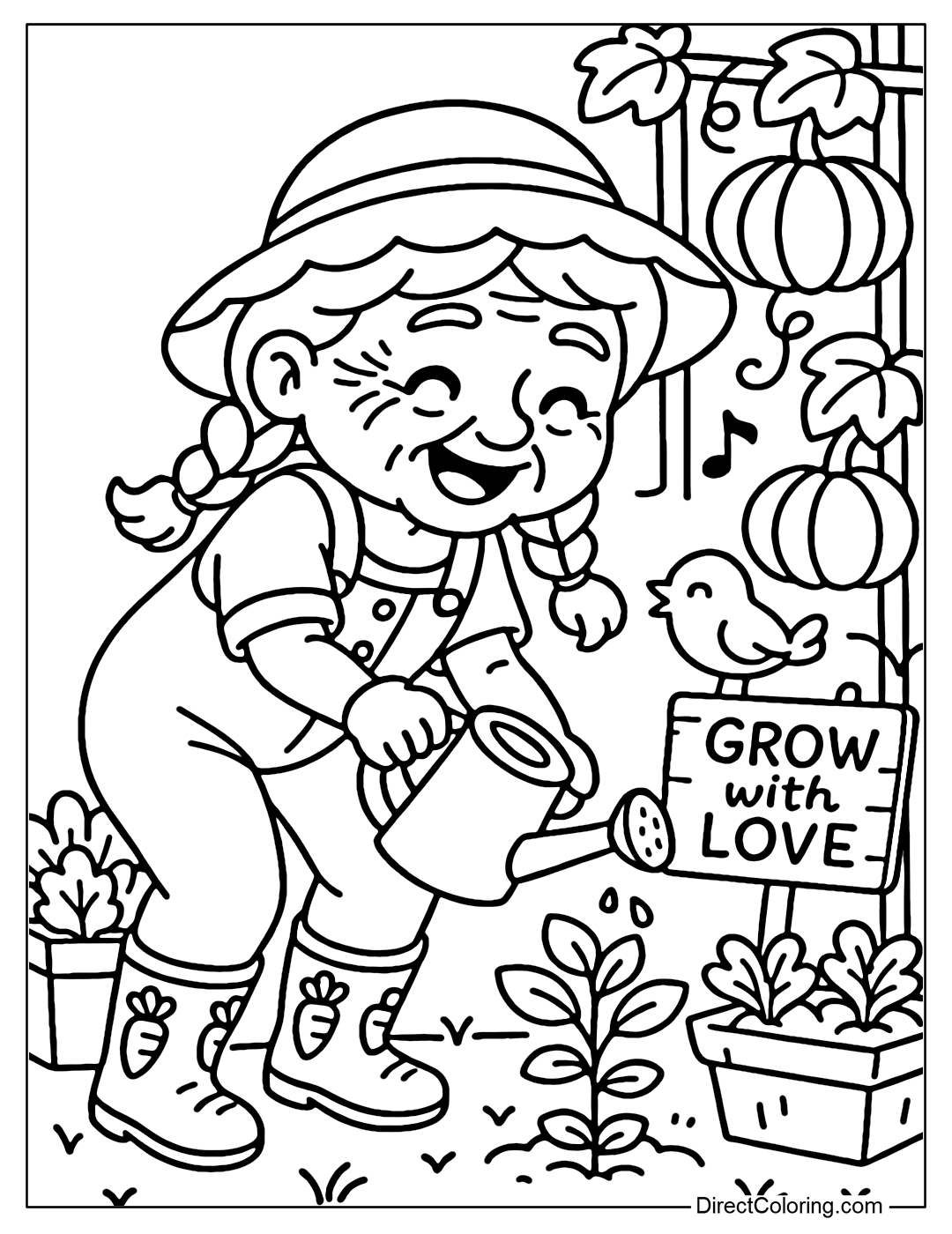 Coloring page Grandma tends the garden, bends down to plant trees, holds a watering can in her hand, and sings along with the birds singing.