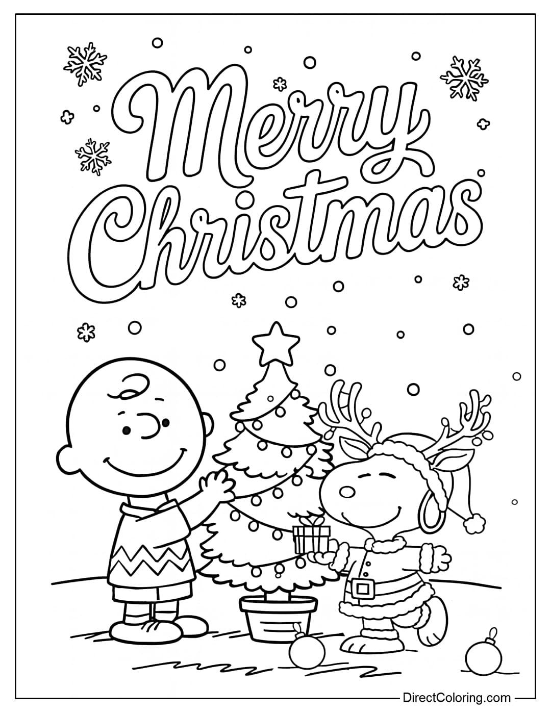 Coloring page Charlie Brown and Snoopy decorate a Christmas tree together.