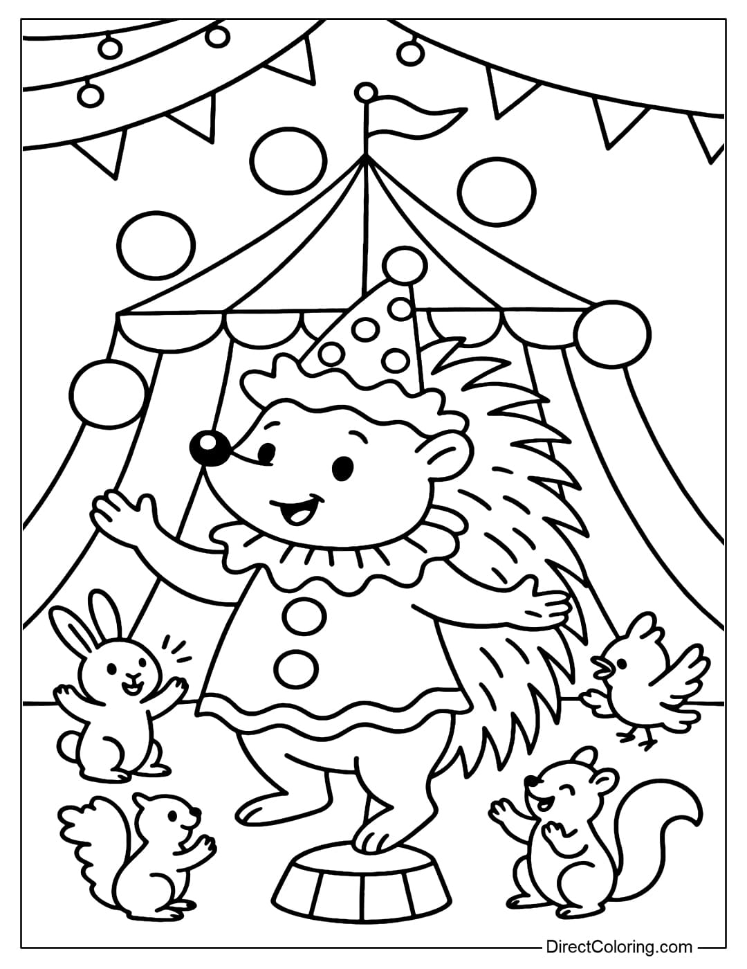 Circus Hedgehog Coloring Page Coloring page of a hedgehog wearing a clown hat, juggling balloons.