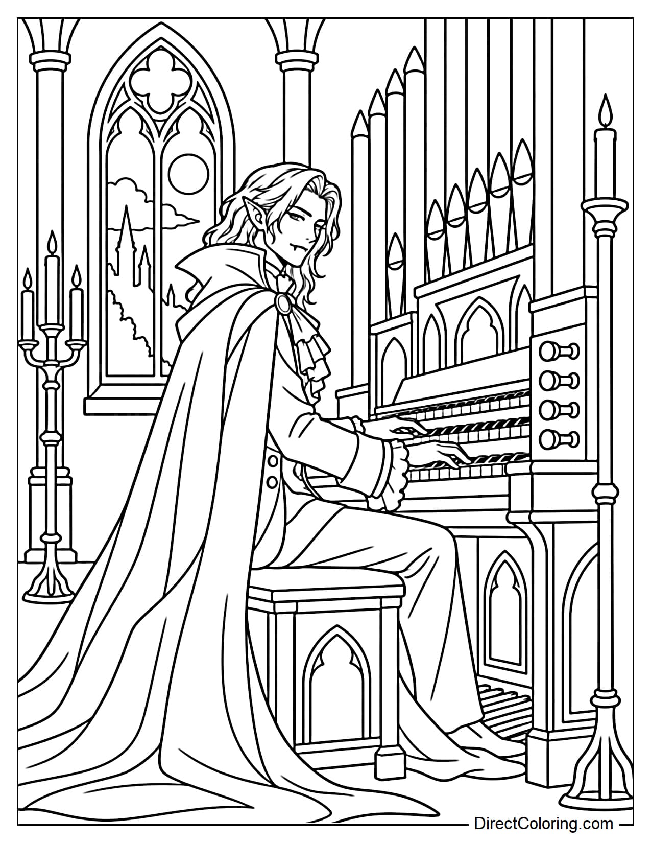 An aristocratic vampire is sitting and playing a large antique organ in a castle hall, with both hands on the keyboard and his long cape draping down on both sides of the bench.