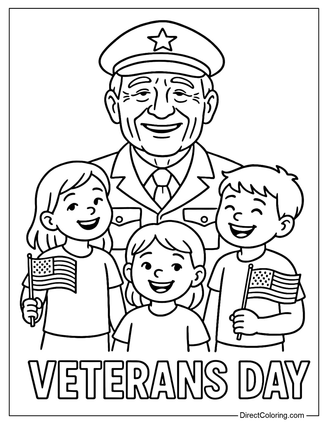 A smiling old man in uniform, surrounded by children waving flags.