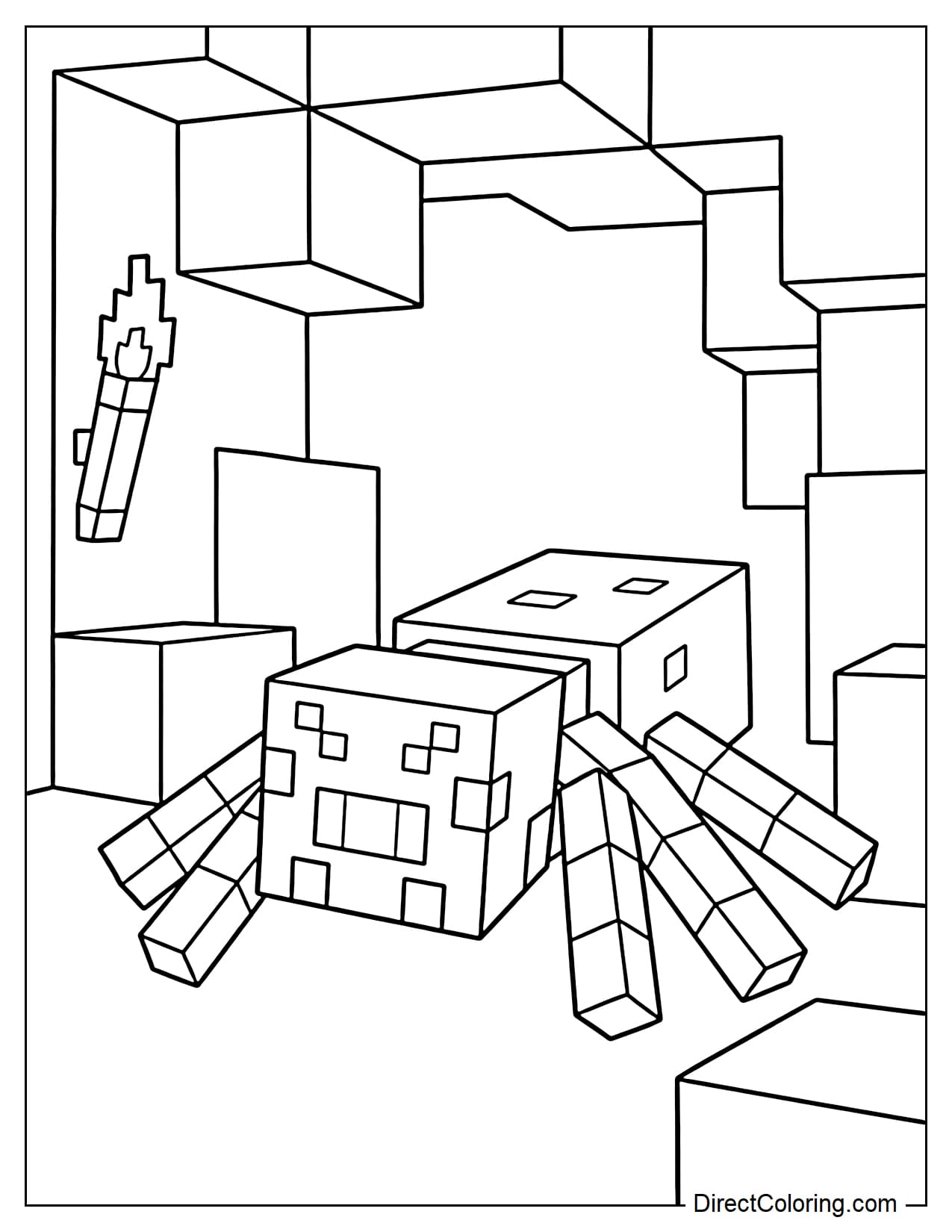 A Minecraft spider crawls through a stone cave with a clearly blocky body and legs. The cave includes a few large stone blocks and a simple torch.