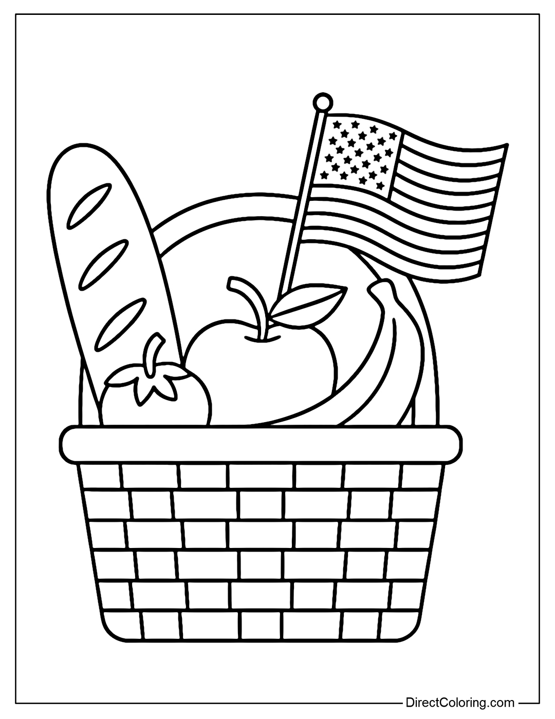 A picnic basket coloring page with bread, fruit, and a cute little American flag.