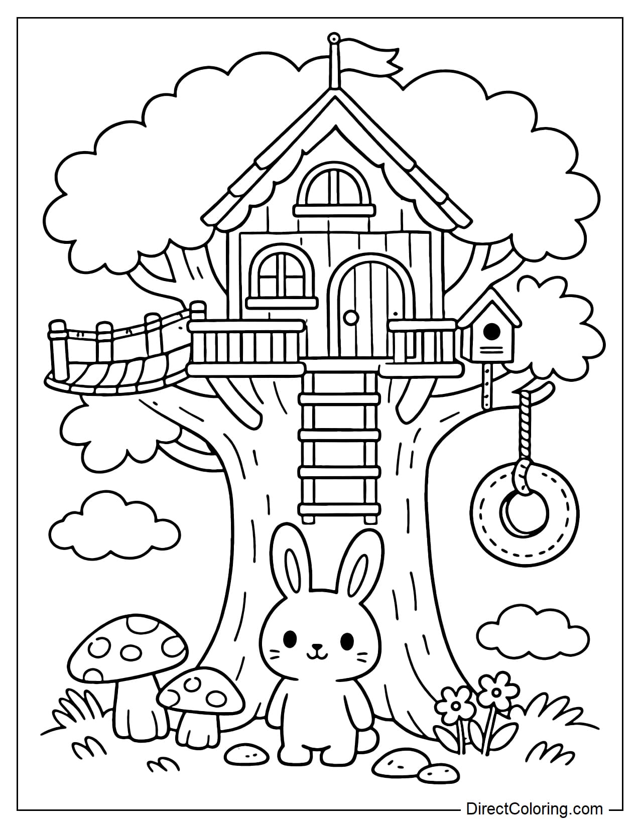 A treehouse with a bunny standing near the trunk, with simple long ears.