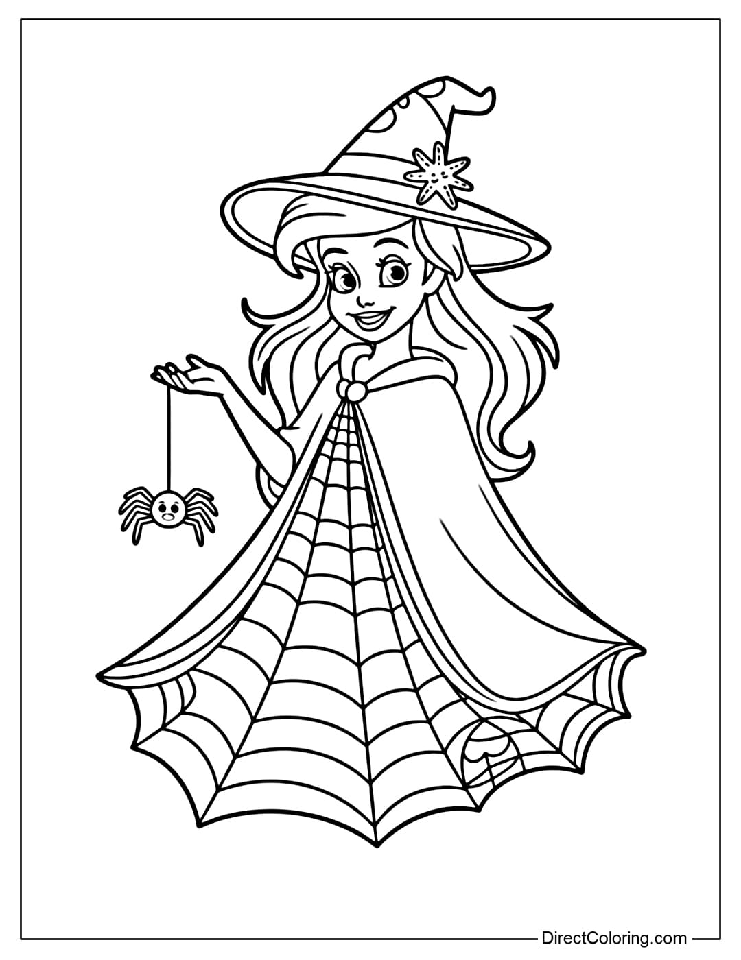 Coloring page Ariel wears a Halloween cloak with a spider web pattern, a small pointed hat with a starfish.