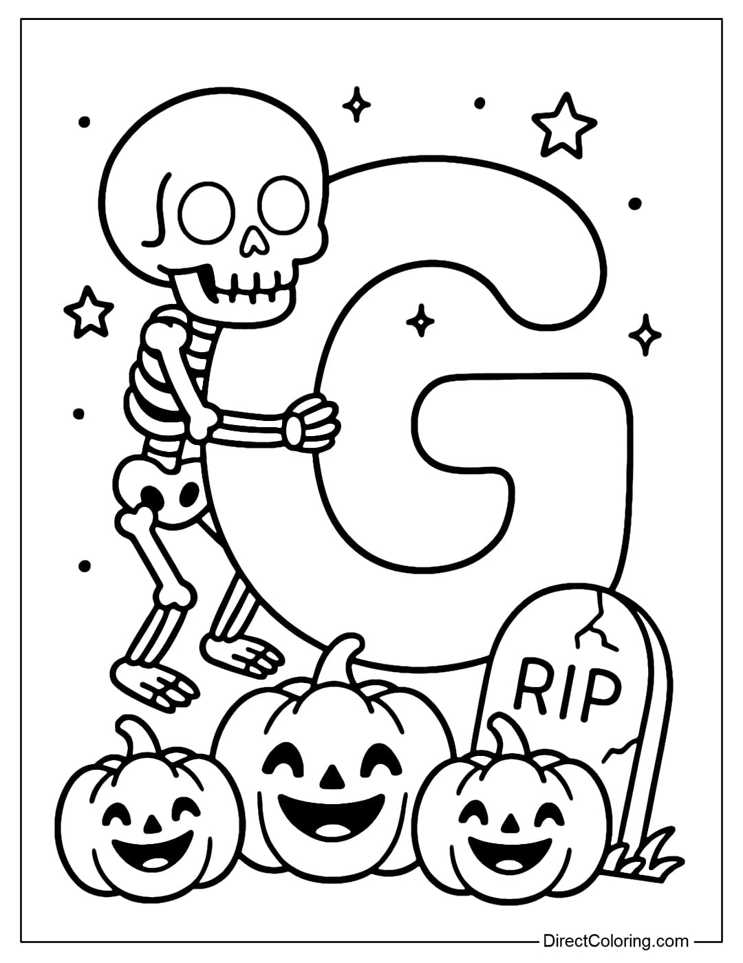 The letter G coloring page has a small skeleton hugging the letter, and underneath are smiling pumpkins.