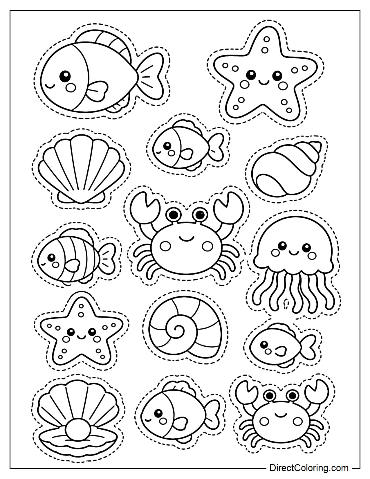 A collection of cute, separate stickers of sea creatures including small fish, starfish, seashells, crabs, and jellyfish.