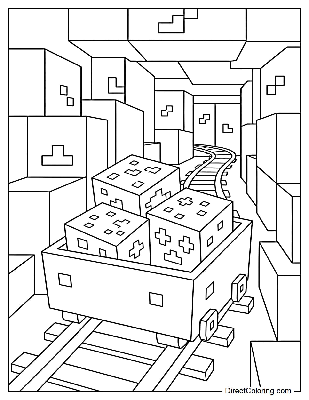 A minecart rolls through a Minecraft tunnel with a few ore blocks and clearly visible rails.