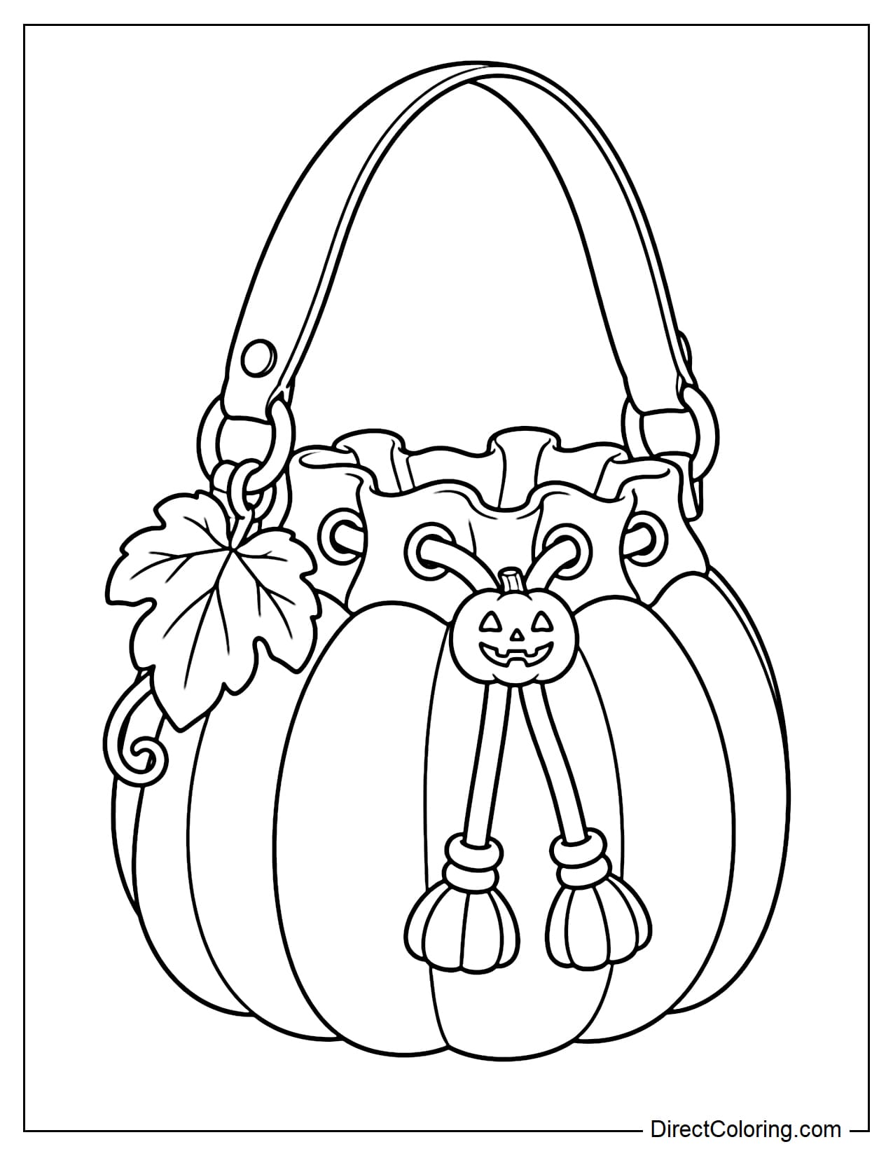 A large bucket bag inspired by a Halloween pumpkin, with a softly segmented body, a wide drawstring, and a broad shoulder strap. The drawstring stopper is shaped like a small jack-o'-lantern, with a large pumpkin leaf attached to the strap.