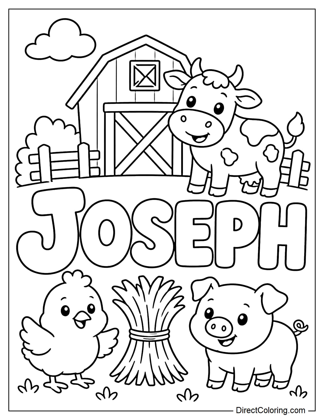 The name Joseph is written in large, clear letters, decorated with a cow, chicks, piglets, a barn, and a bundle of grass.