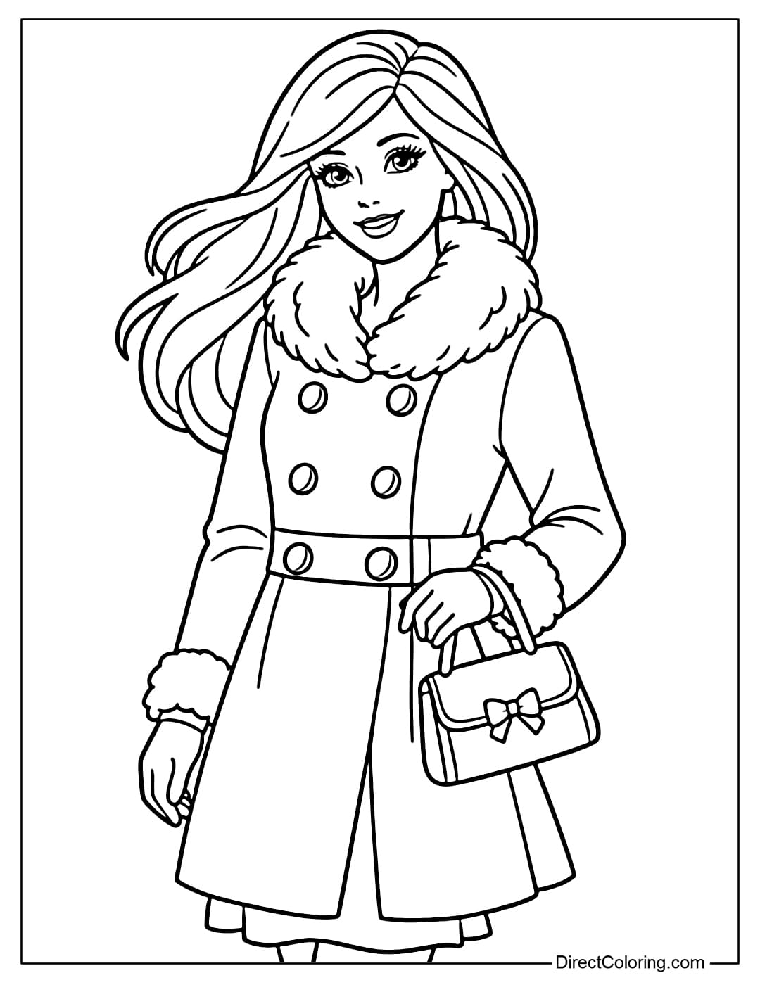 Barbie wearing a long winter coat with large, prominent buttons, a simple dress underneath, with added gloves and a small handbag.