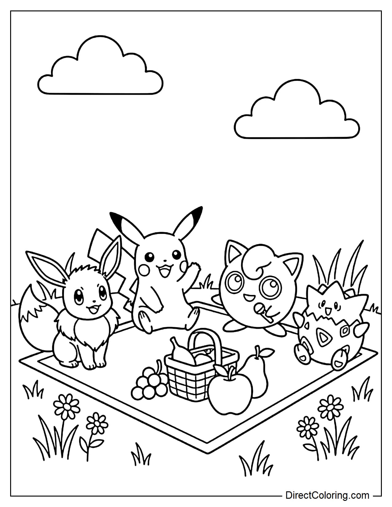 Pikachu, Eevee, Jigglypuff, and Togepi are sitting in a cheerful picnic, with a small basket and some large fruits in the middle.