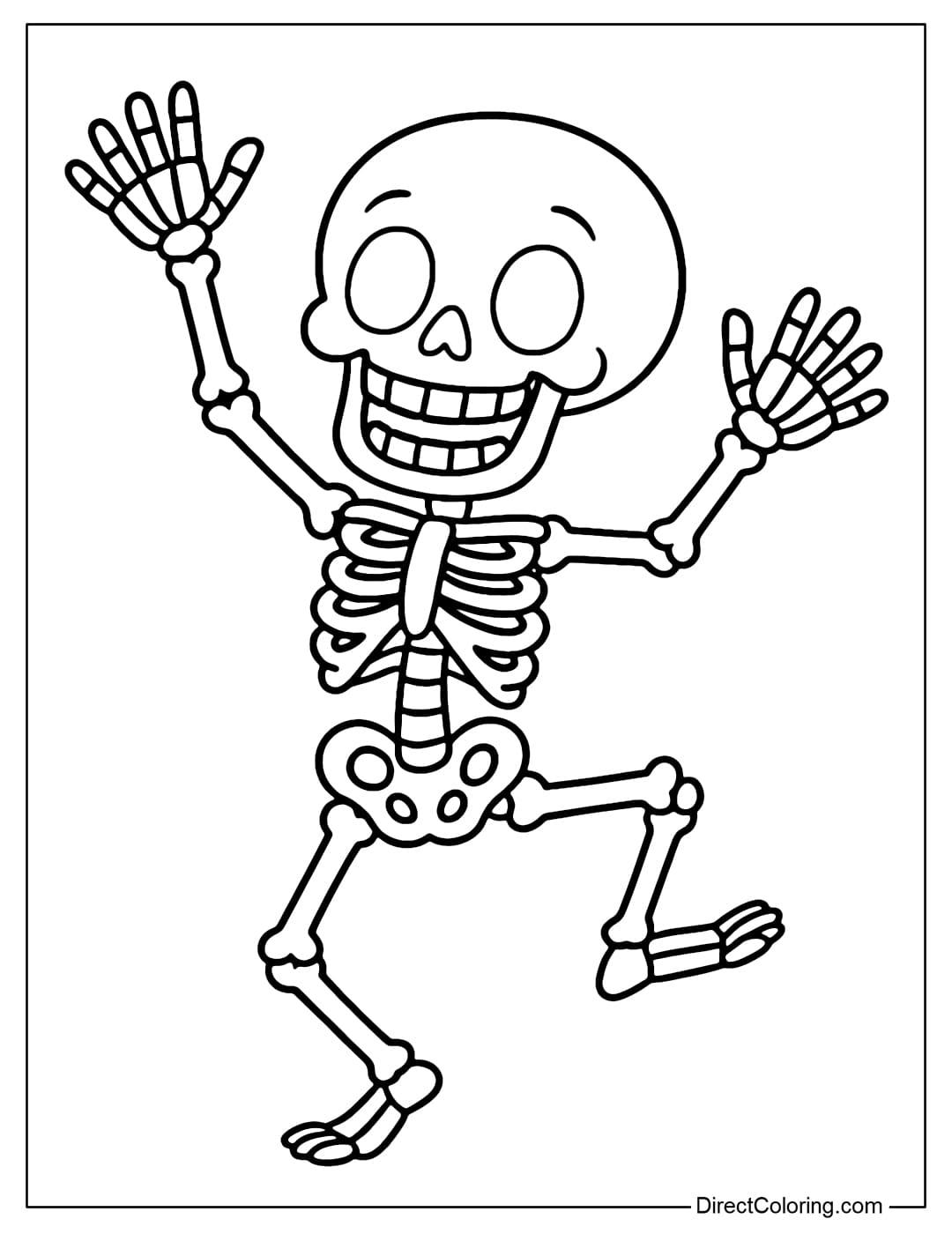 Coloring page of a small skeleton dancing with his arms raised high, legs swinging happily, and a big grin on his face.
