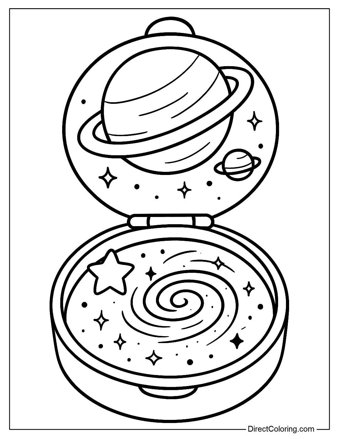 Planetary Compact Coloring Page that opens up space with stars, planets and galaxies