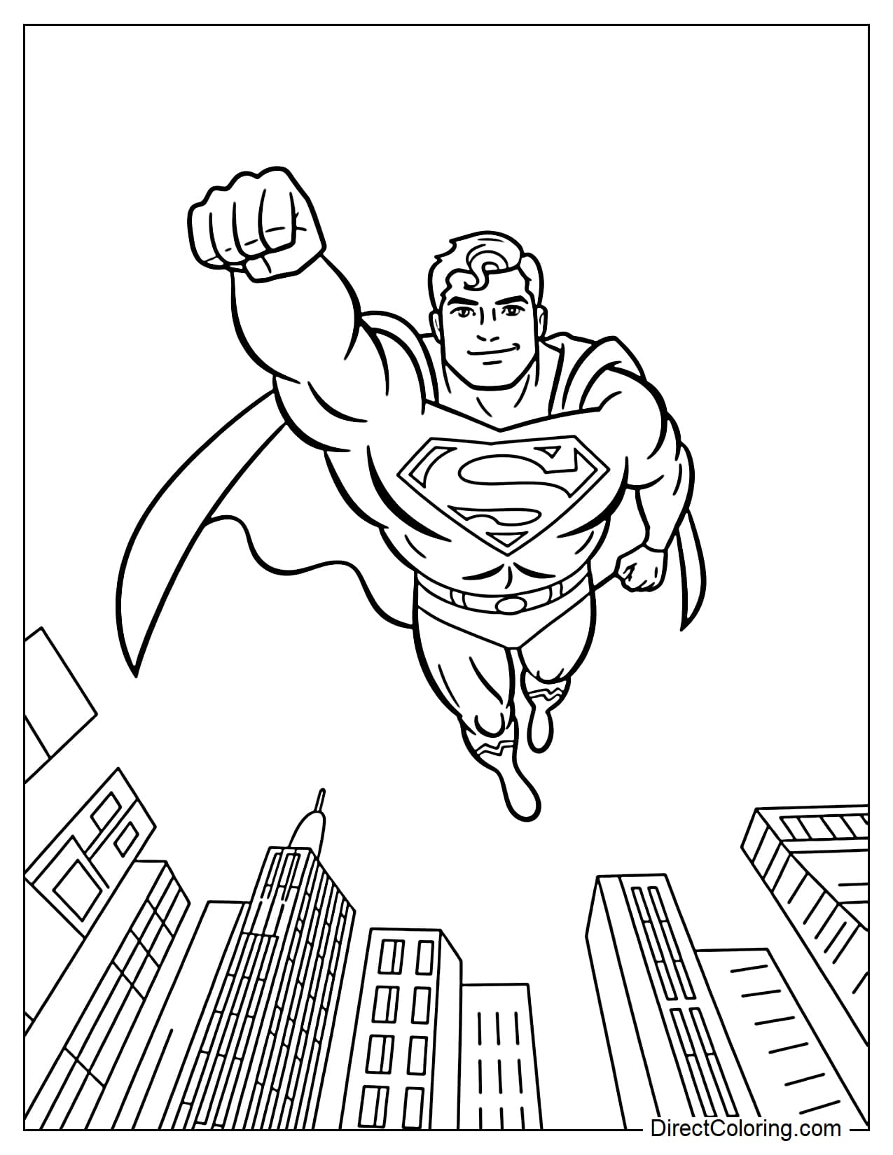 Superman flying above simple buildings with large shapes.