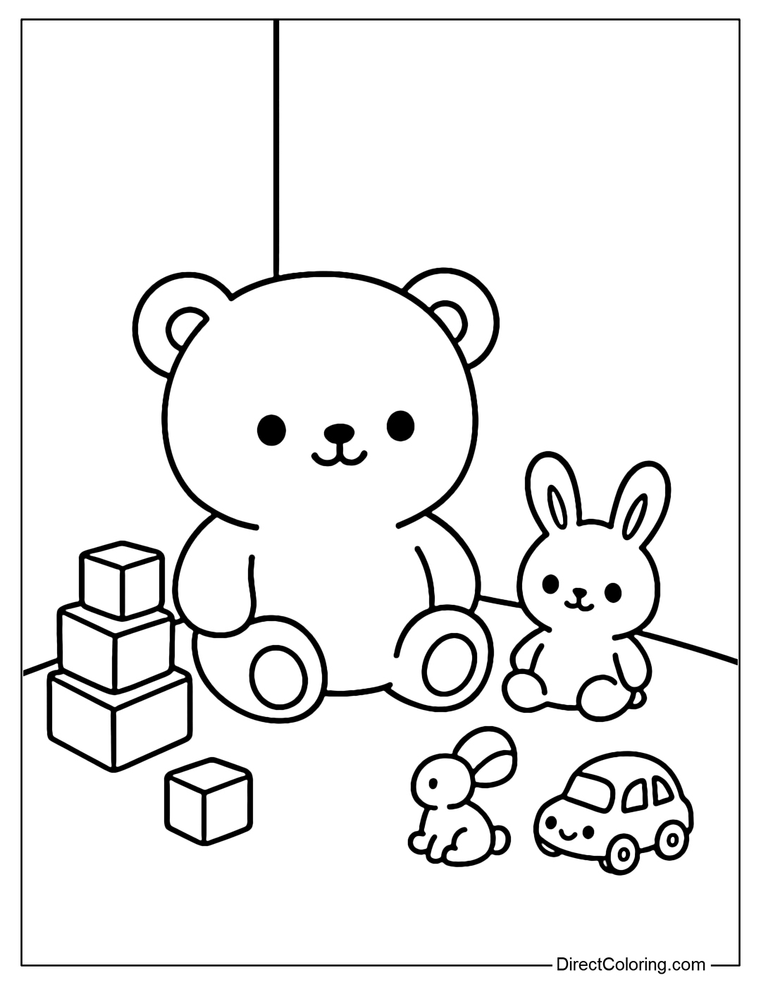 Coloring page of a little boy holding a teddy bear sitting in a corner playing with wooden blocks, stuffed animals, toy cars around.
