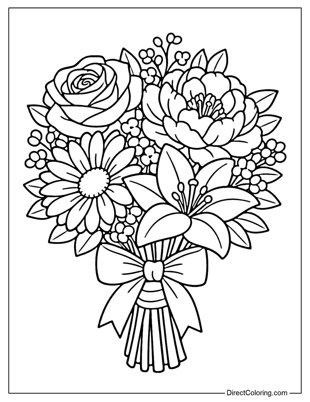 Coloring page of a wedding bouquet with large, neatly arranged flowers.
