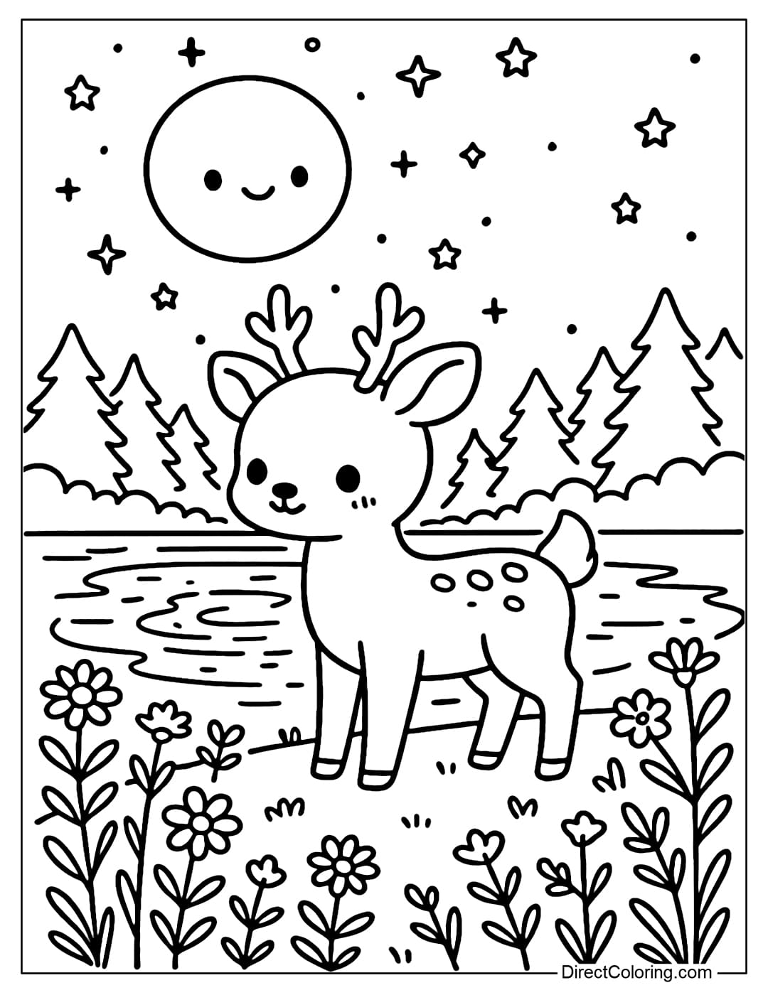 Coloring page of a deer standing by a lake, the stars and moon reflecting on the lake.