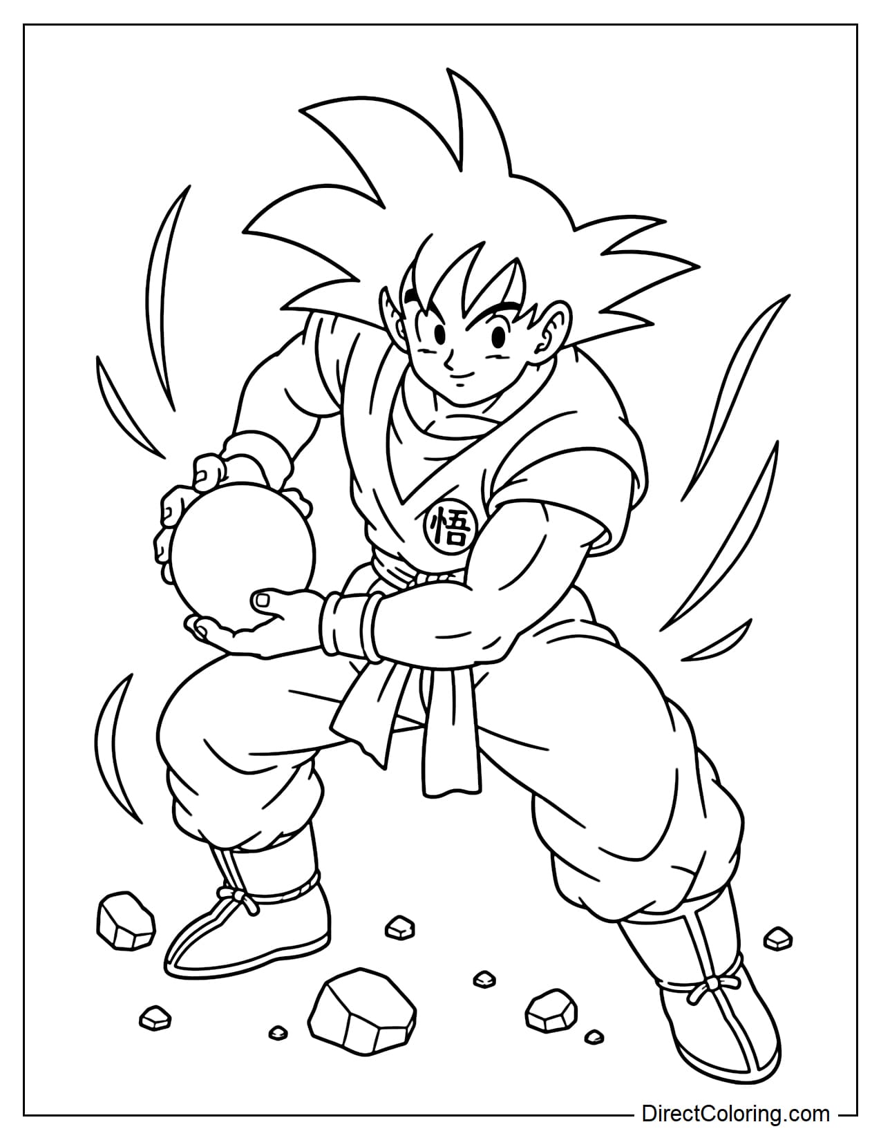 Goku is lowering his center of gravity, preparing to unleash the Kamehameha, his hair standing on end, his hands clasped at his sides creating a large energy ball.