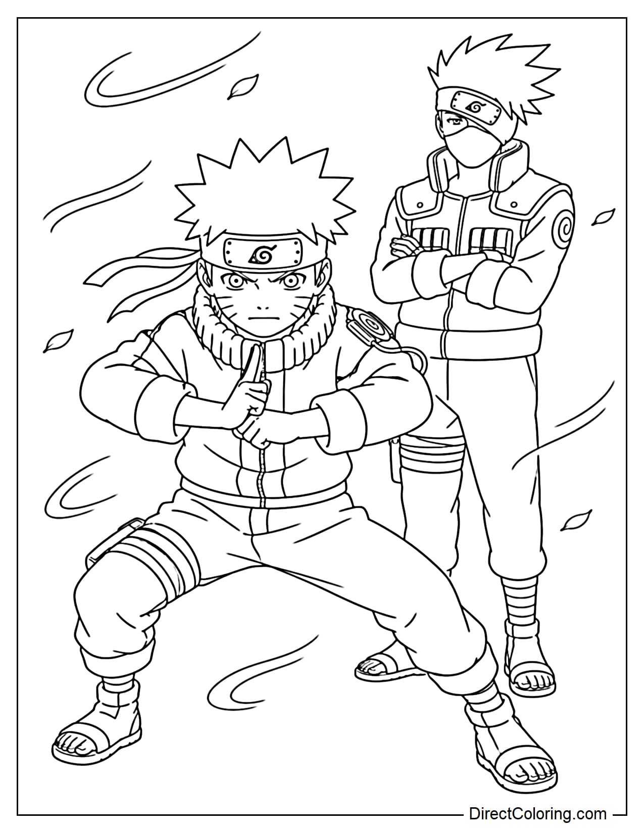 Naruto stands in a training pose, with Kakashi Hatake observing from behind, surrounded by several gusts of wind.