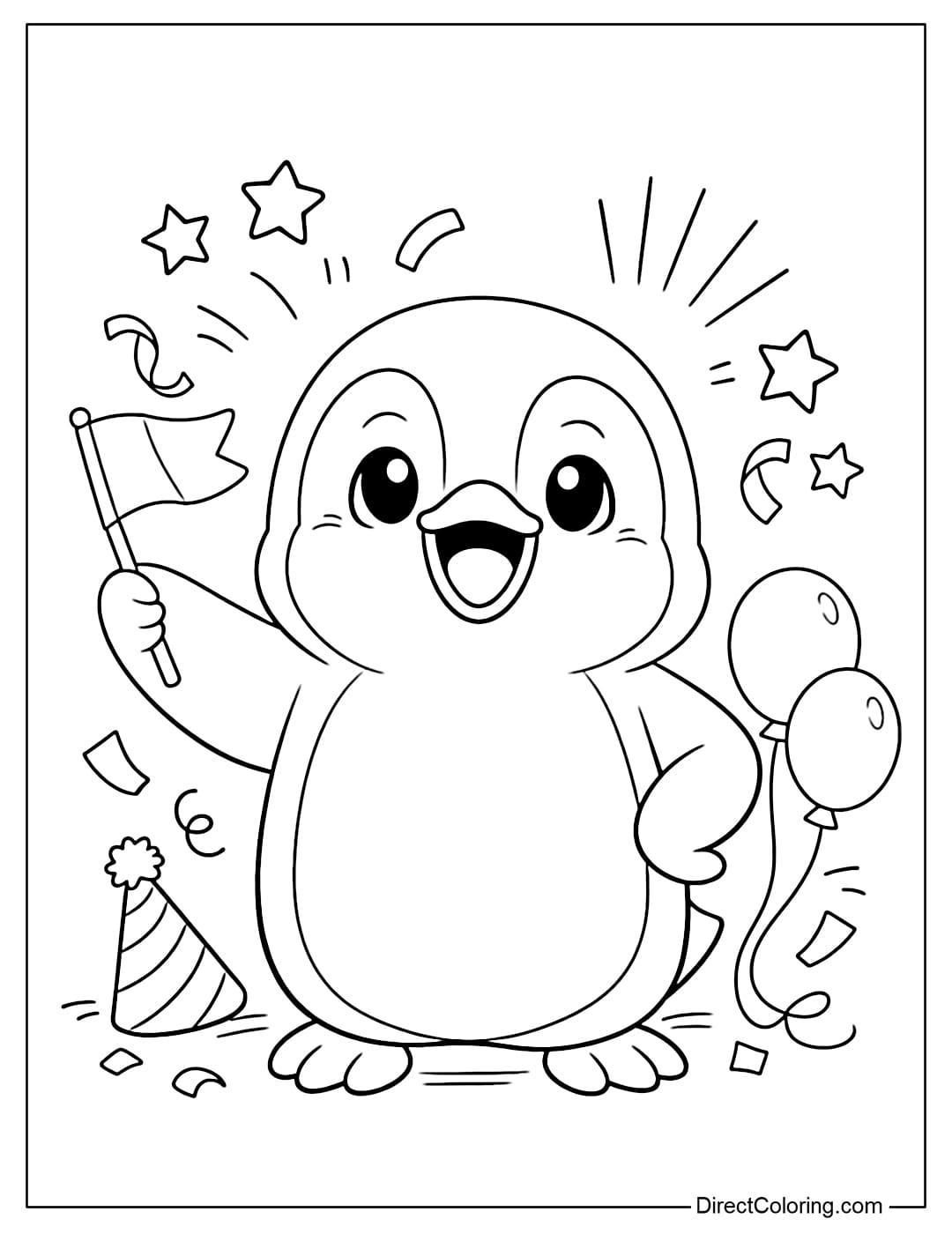 A coloring page of a penguin holding a small flag, in a cheerful, cheering style.