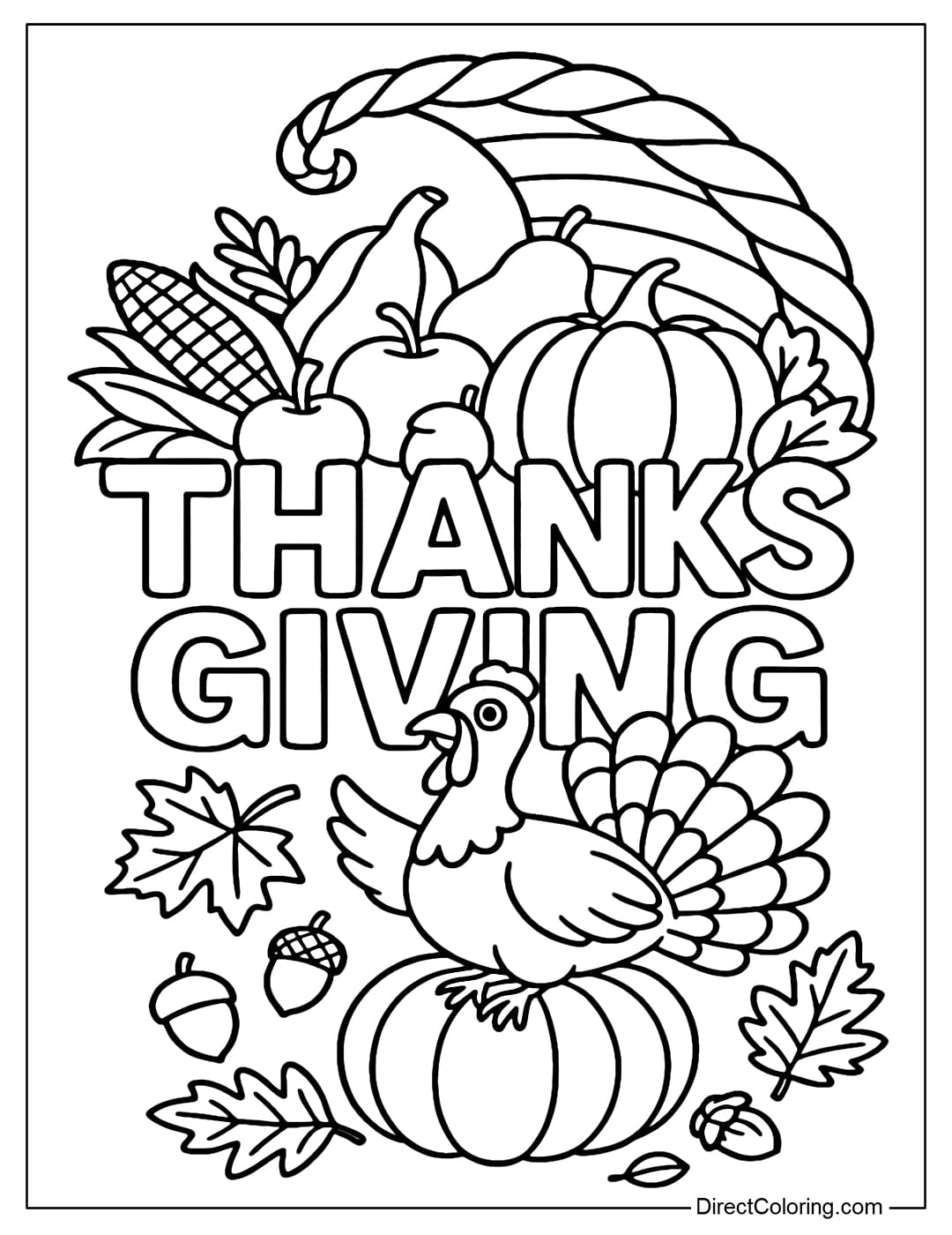 A coloring page of the word THANKSGIVING. Behind the word is a giant cornucopia basket. In the front is a turkey sitting on a large pumpkin background.
