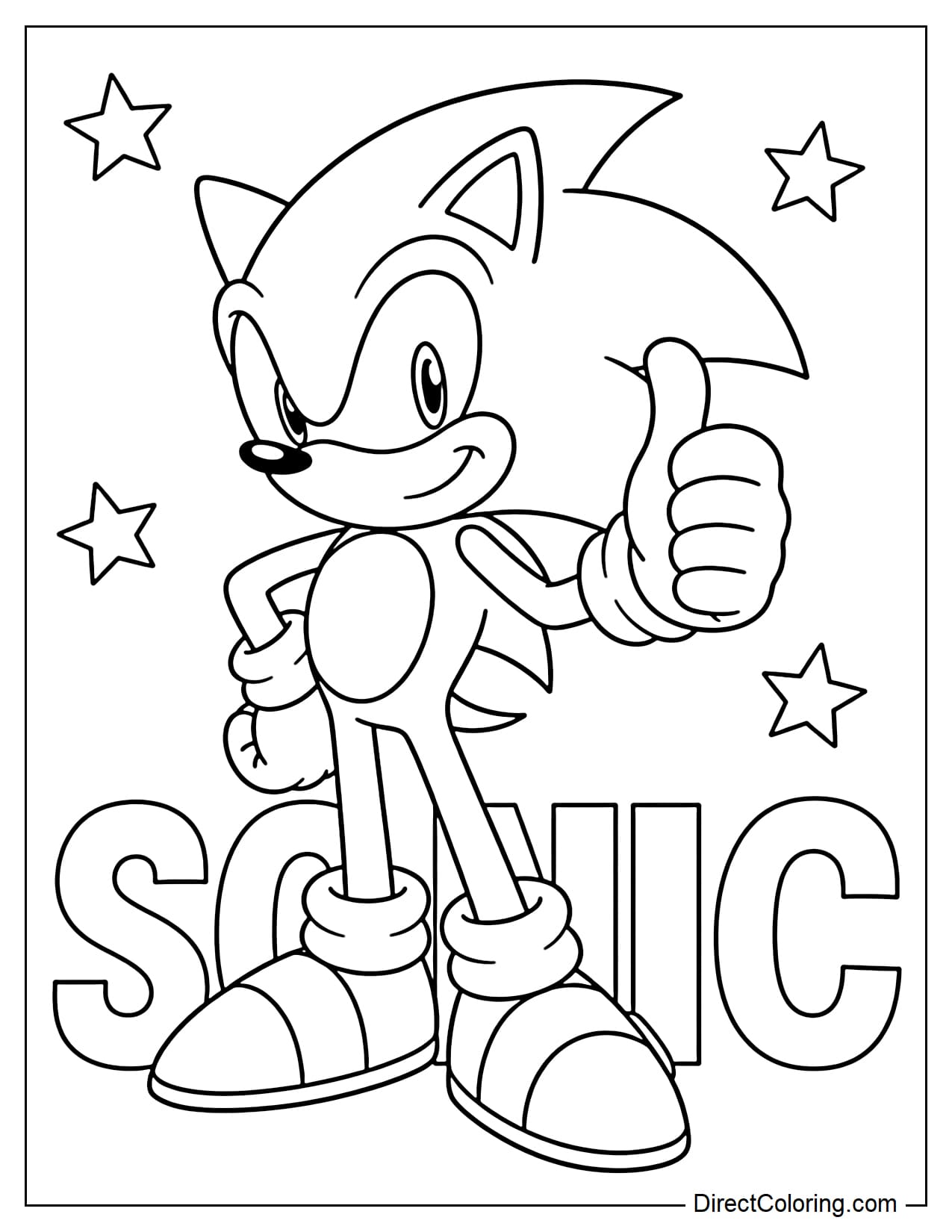 Sonic stands smiling confidently and giving a thumbs-up, surrounded by small stars and with the large word SONIC behind him.