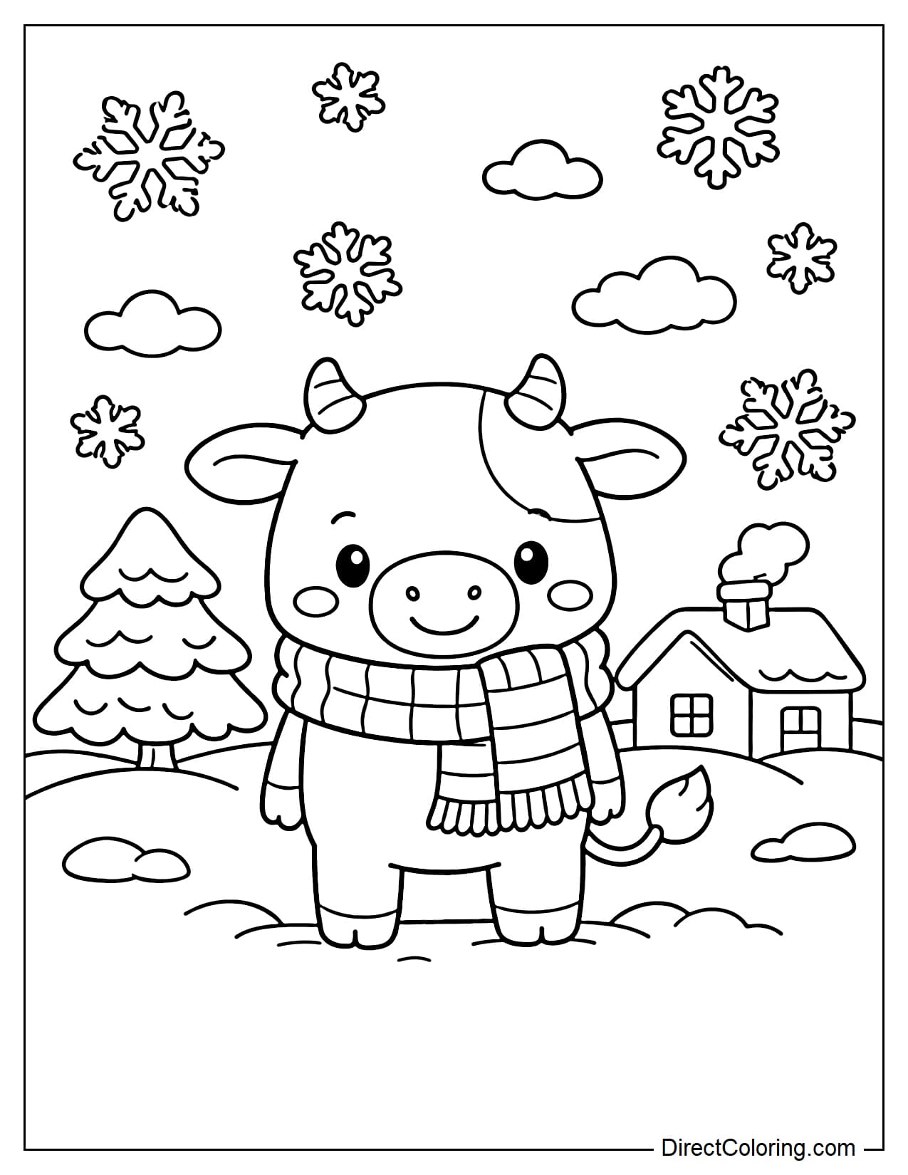 A cow wearing a scarf in a winter scene with some large snowflakes.
