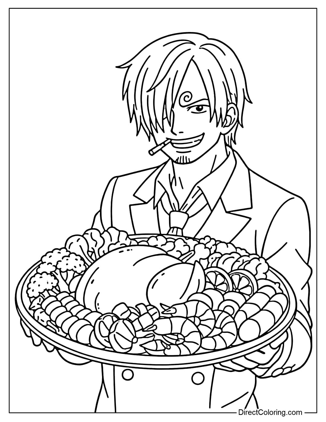 Sanji is wearing a suit and holding a large plate of food.