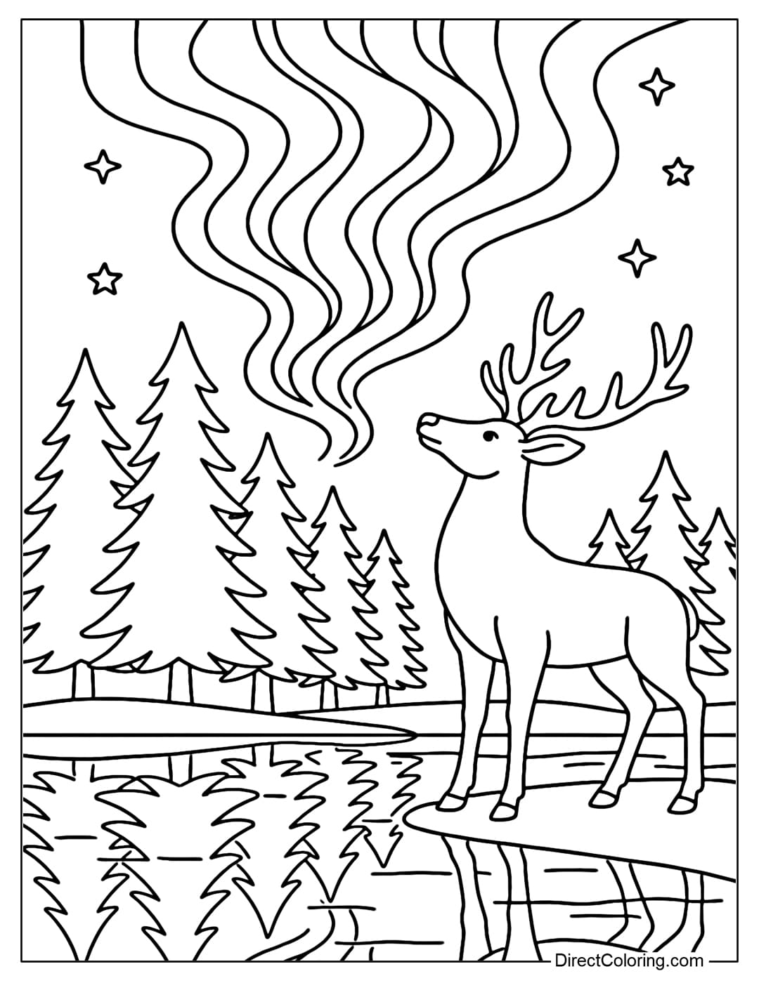 Coloring page of the night sky with the brilliant aurora winding, pine forest and icy lake reflecting the light, there is a deer standing looking up at the sky.